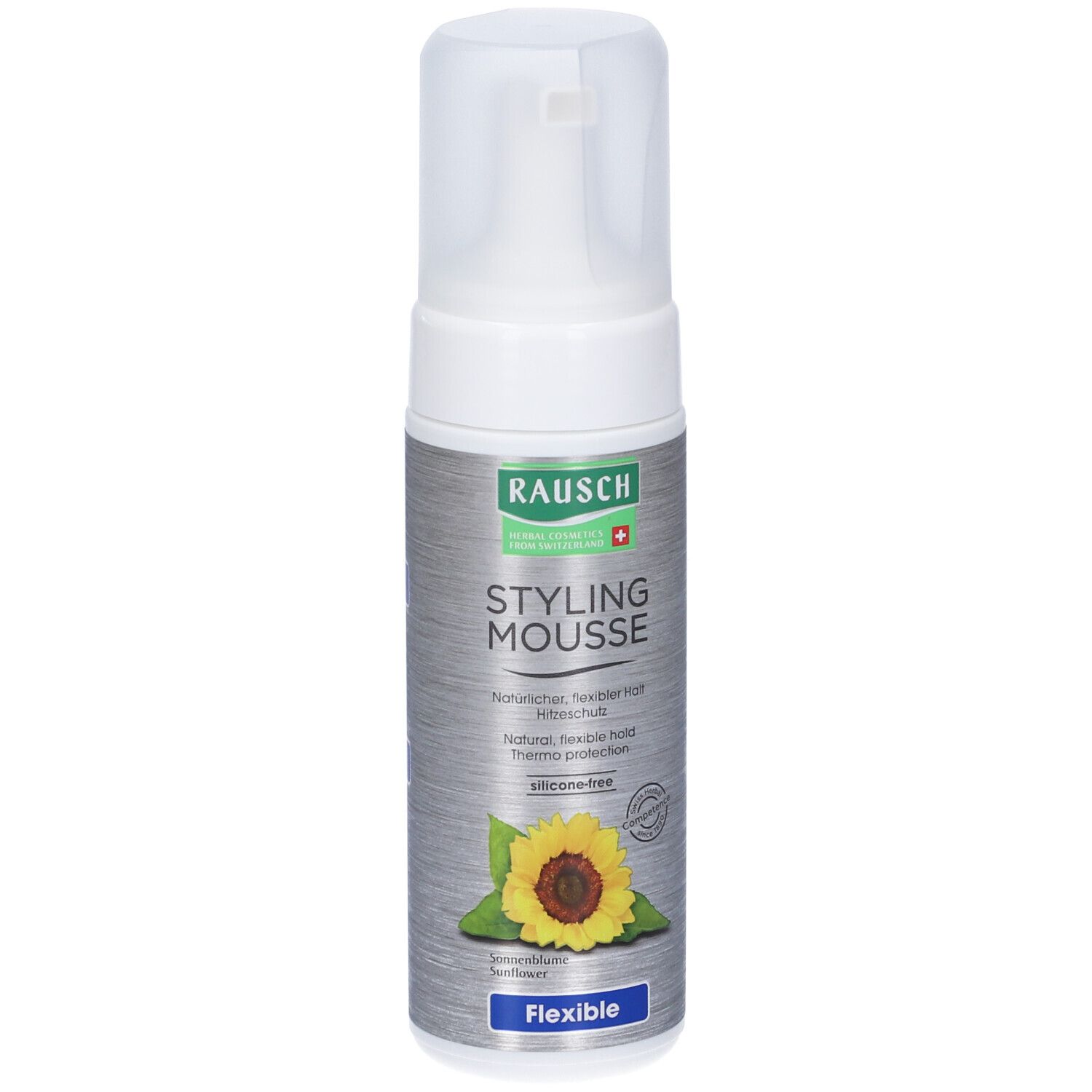 Flacone di mousse styling con logo Rausch, girasole e testo. Tenuta naturale, flessibile, protezione termica. Senza silicone.