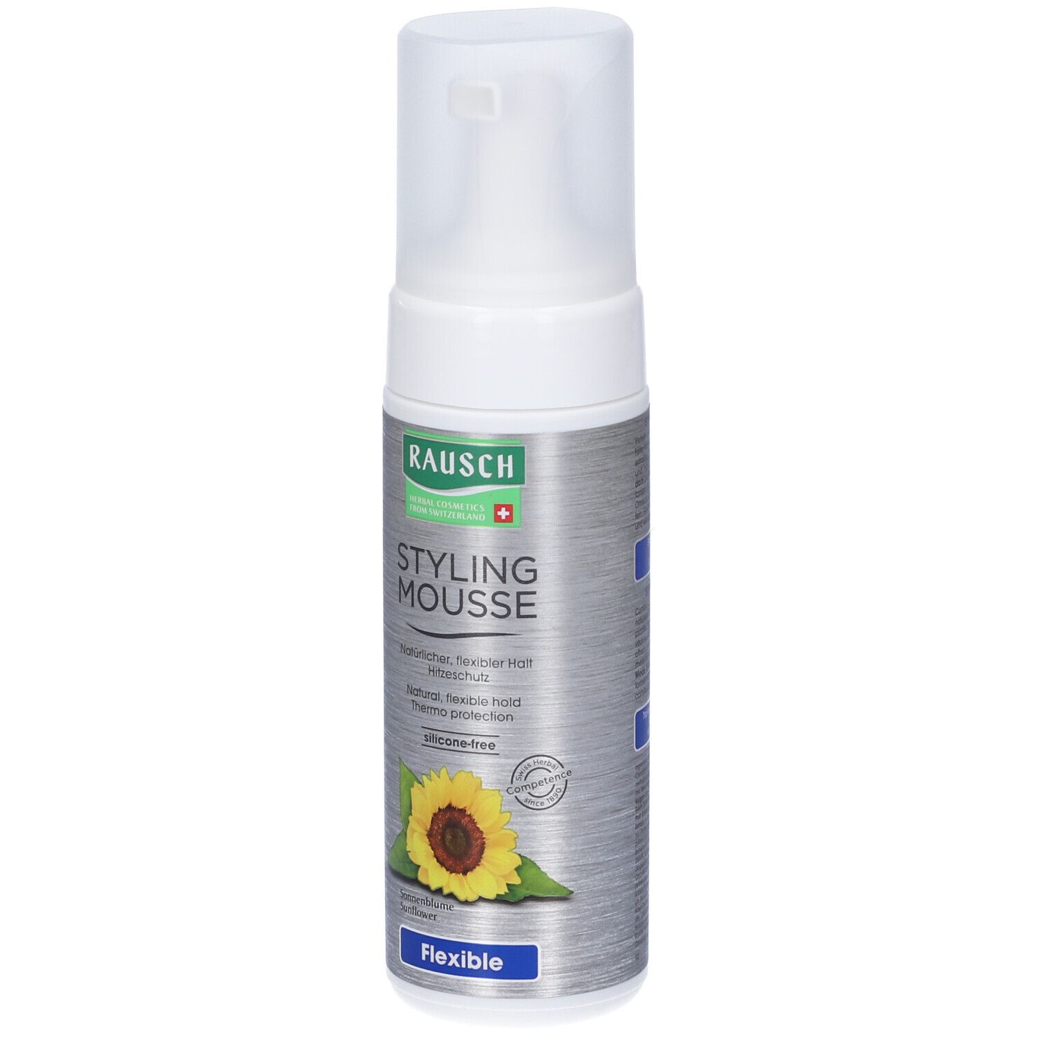 Flacone di mousse styling con logo Rausch, girasole e testo. Tenuta naturale, flessibile, protezione termica. Senza silicone.