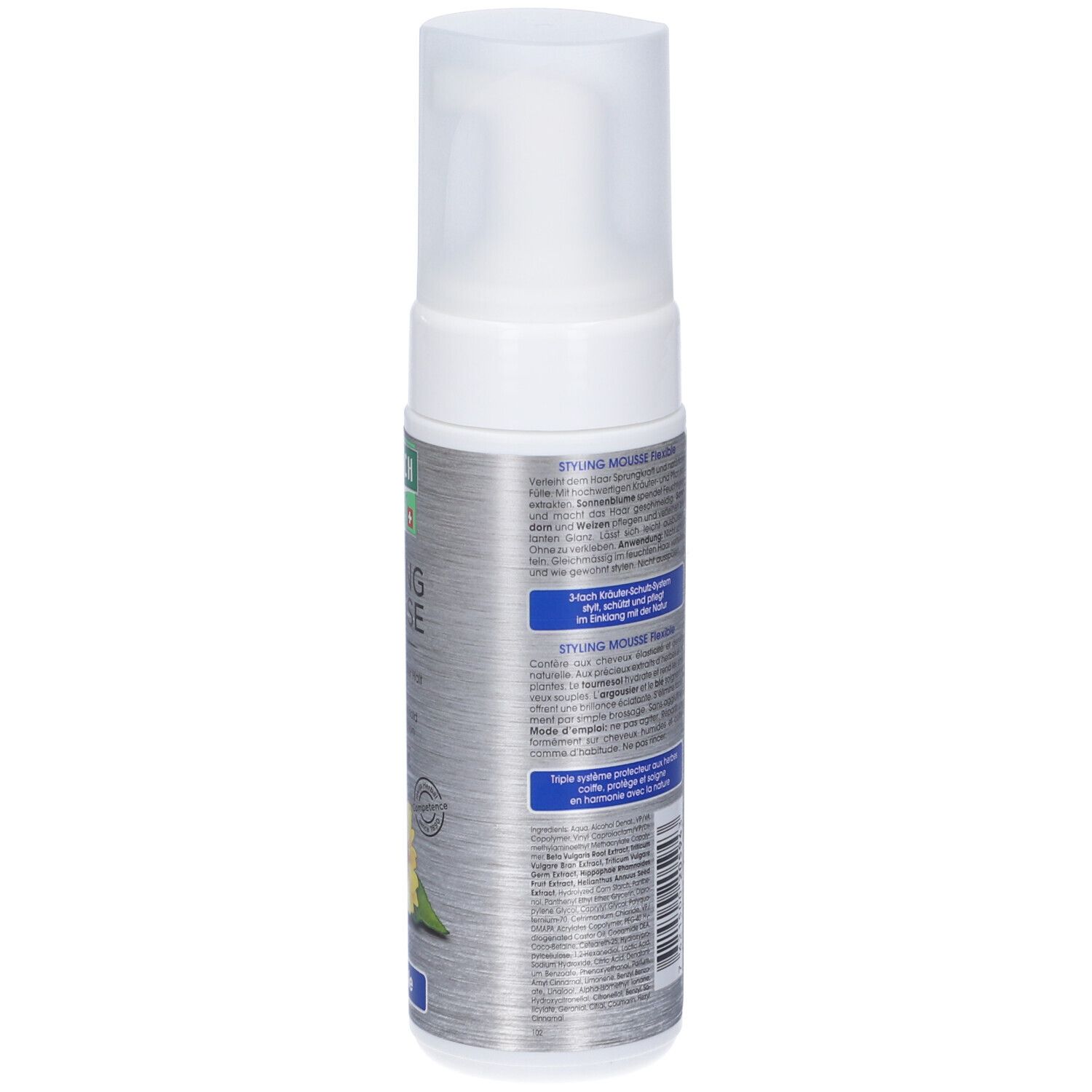 Flacone di mousse styling, retro con testo. Contiene informazioni sugli ingredienti e l'uso. 150ml.