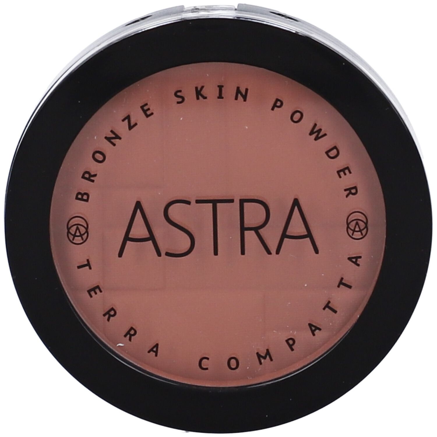 Cipria bronzante rotonda in confezione nera. Scritta: ASTRA, Bronze Skin Powder, Terra Compatta.