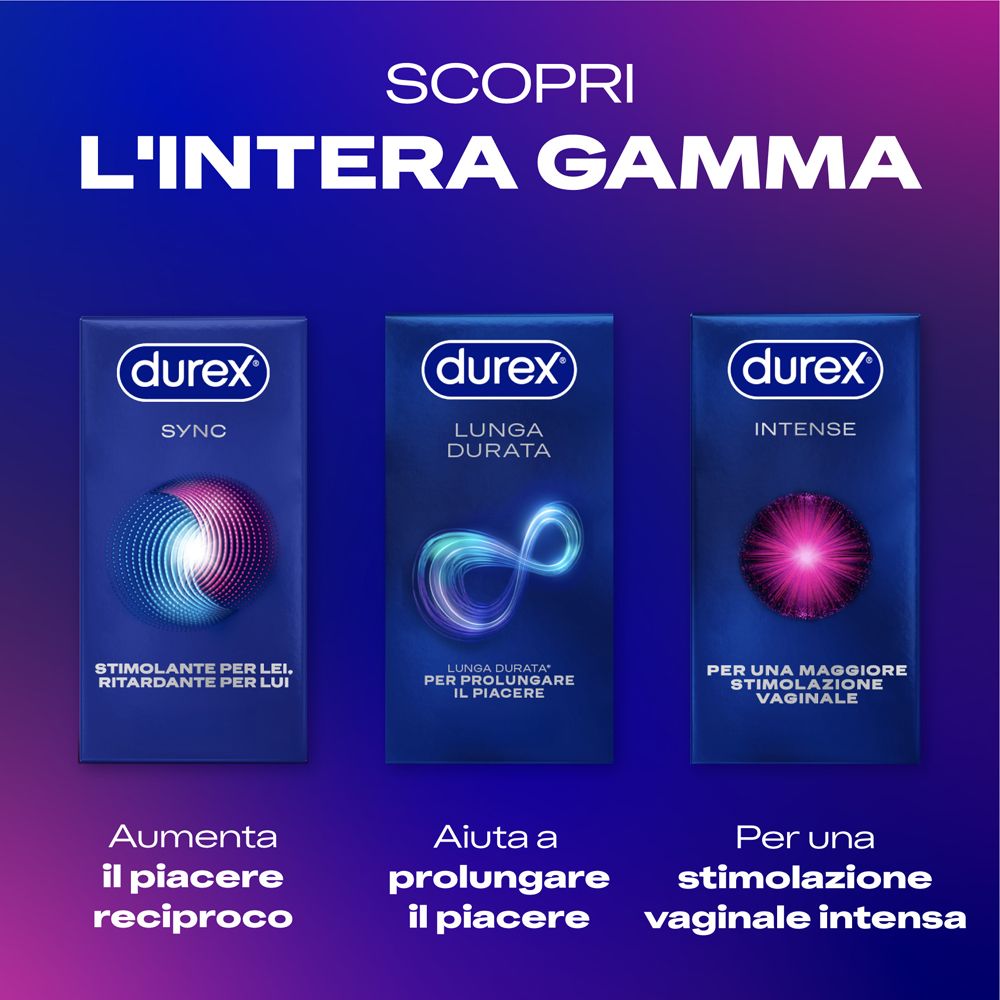 Tre confezioni di preservativi Durex: Sync, Lunga Durata, Intense. Confezioni blu con illustrazioni e testo.