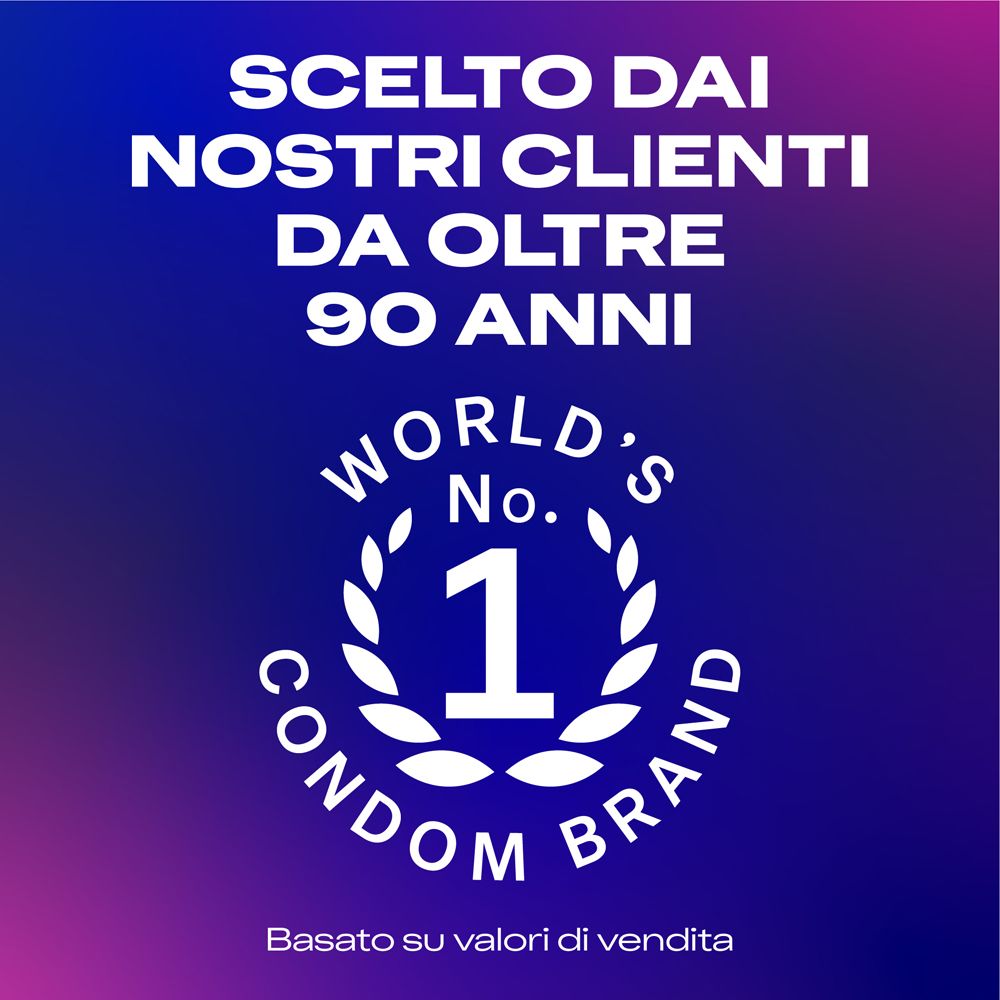 Testo 'SCELTO DAI NOSTRI CLIENTI DA OLTRE 90 ANNI' e 'World's No. 1 Condom Brand'.