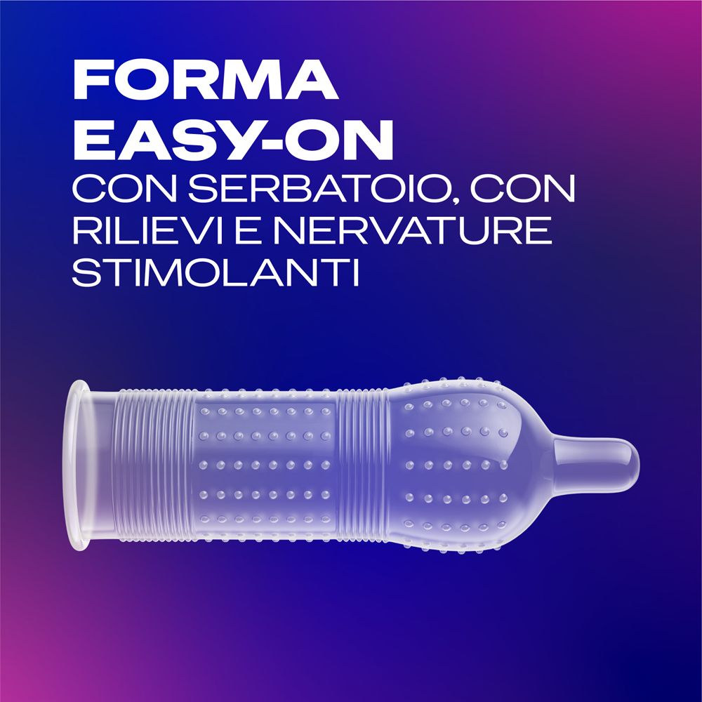 Confezione di preservativi Durex con informazioni su vestibilità, lubrificazione e spessore.