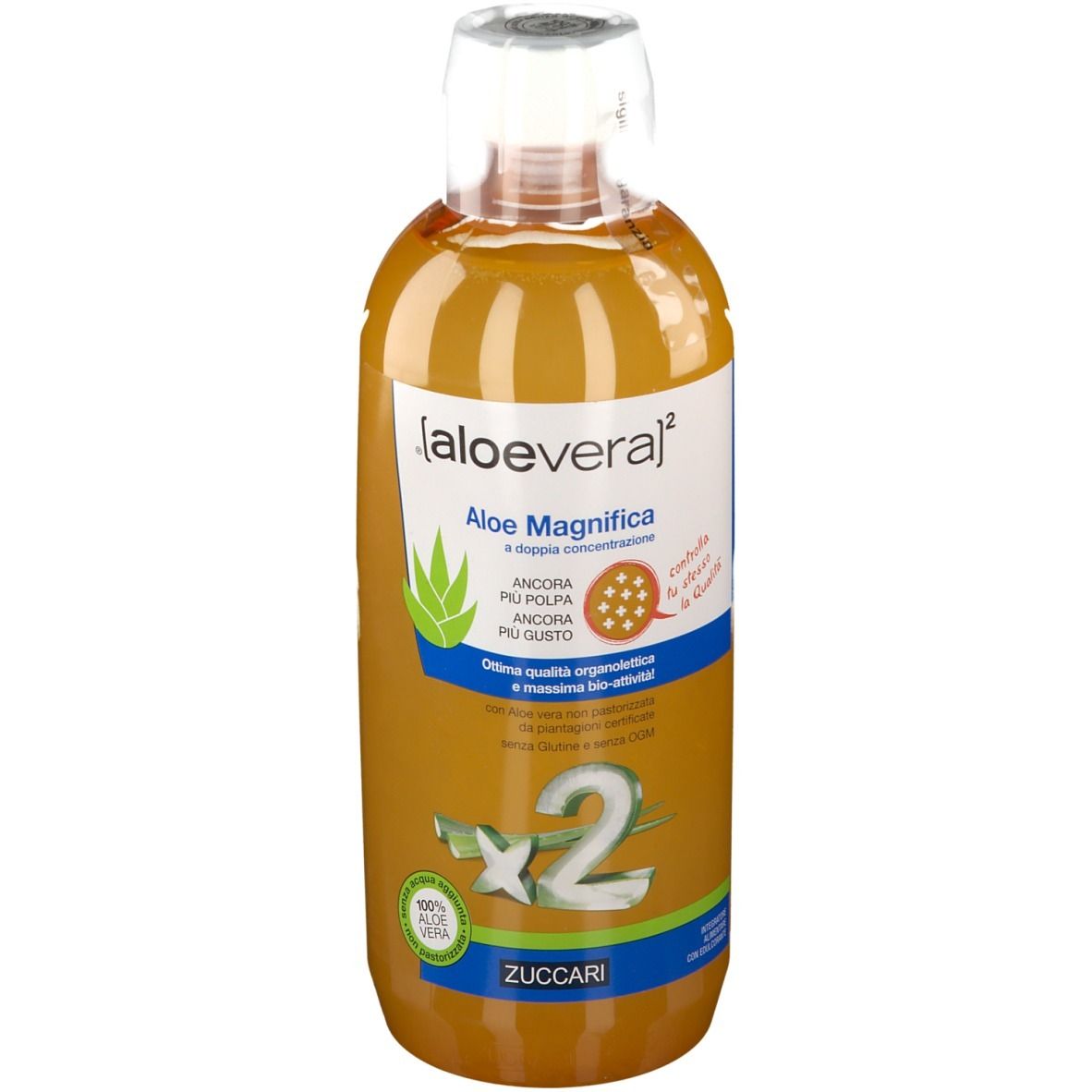 Bottiglia di liquido giallo. Scritta: Aloe Magnifica, ZUCCARI. Con tappo bianco e fascia blu.