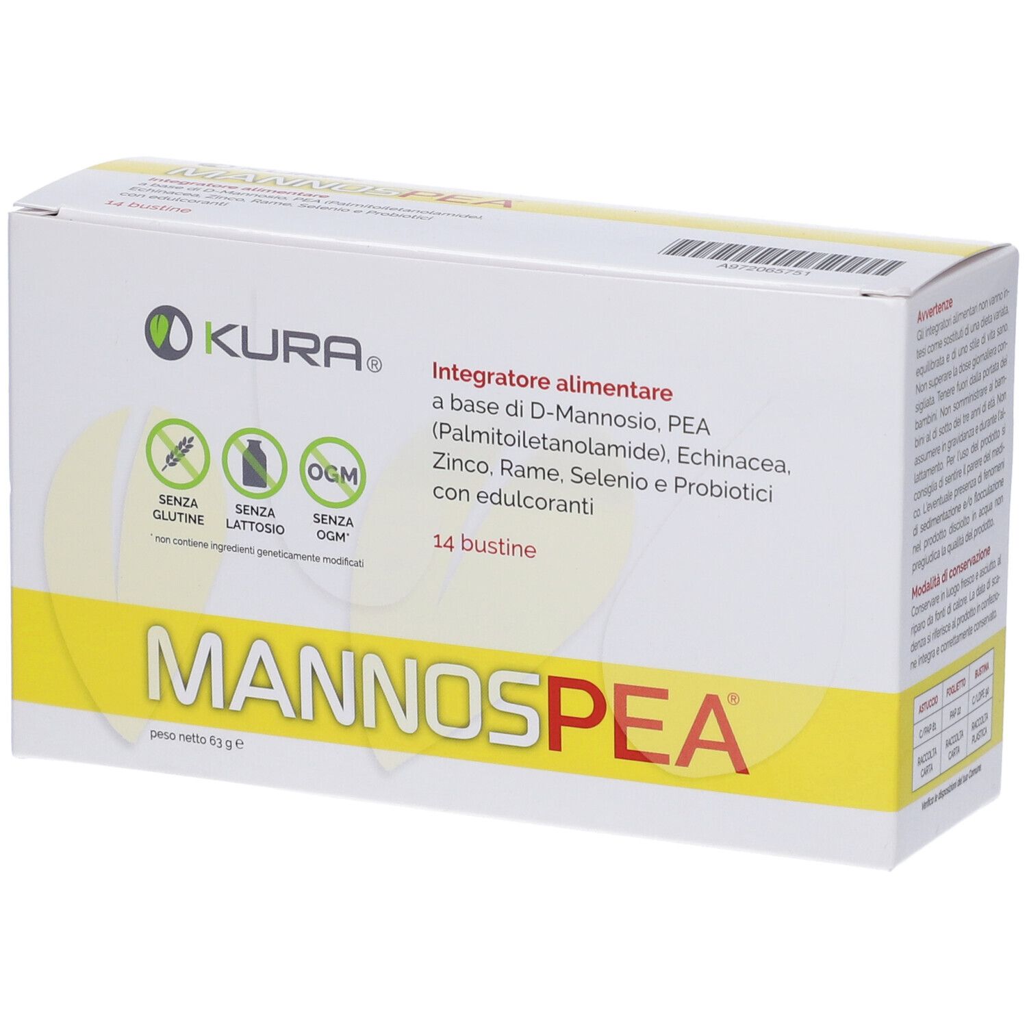 Confezione del prodotto con logo e nome. Contiene 14 bustine. Testo: Senza glutine, lattosio, OGM.