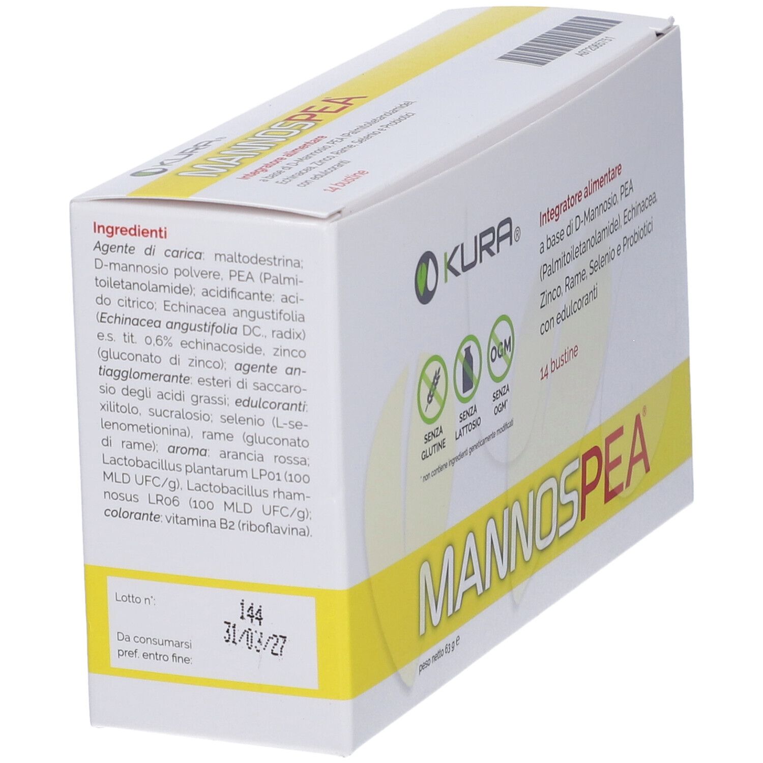 Confezione del prodotto con elenco ingredienti. Contiene 14 bustine. Testo: Senza glutine, lattosio, OGM.