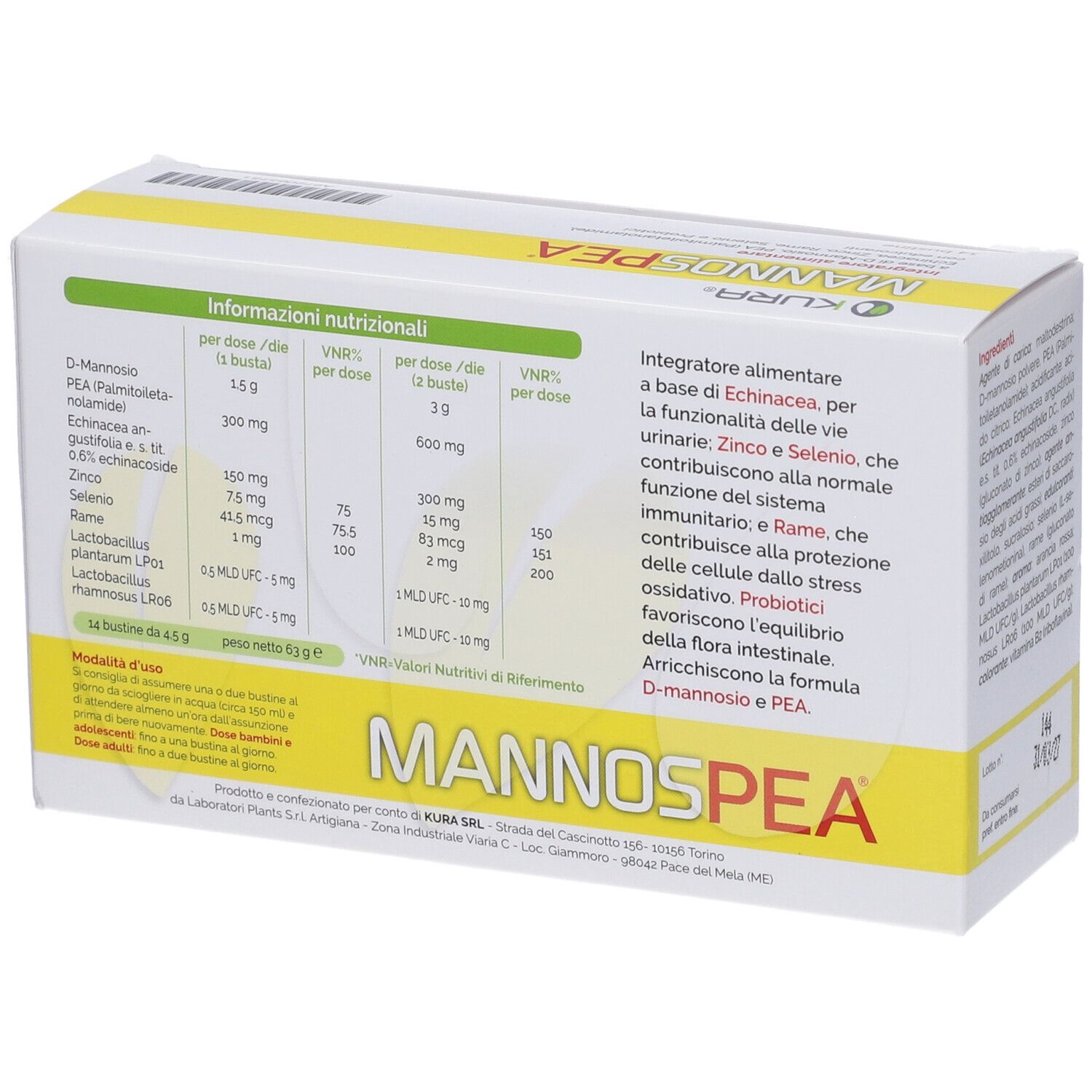 Confezione del prodotto con informazioni nutrizionali. Contiene 14 bustine. Testo: Senza glutine, lattosio, OGM.