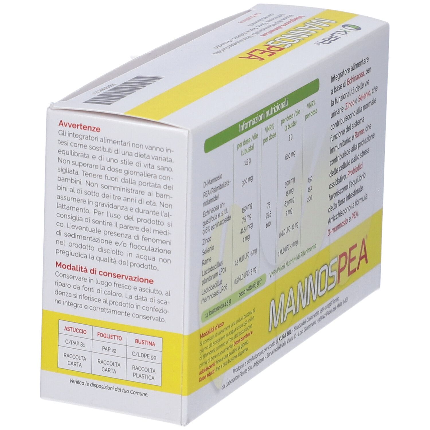 Confezione del prodotto con avvertenze. Contiene 14 bustine. Testo: Senza glutine, lattosio, OGM.