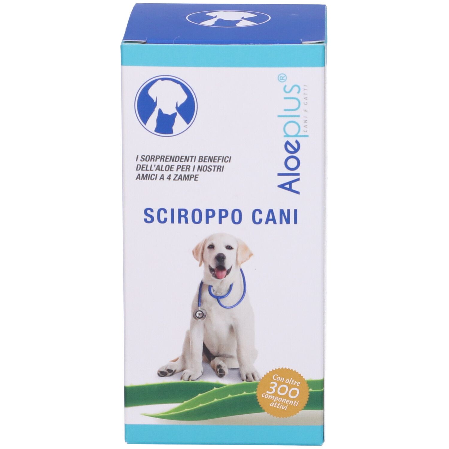 Aloeplus Sciroppo Cani Mini. Confezione. Scritto: Sciroppo Cani, logo, cane. Testo e cane sulla confezione.