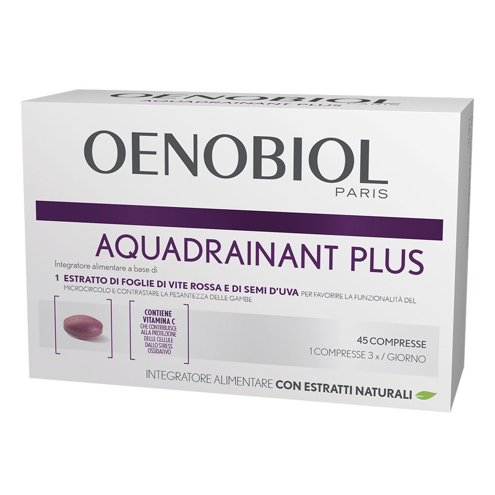 Scatola OENOBIOL Aquadrainant Plus. Confezione bianca con dettagli viola. Contiene 45 compresse. Scritto: 'Integratore alimentare'.