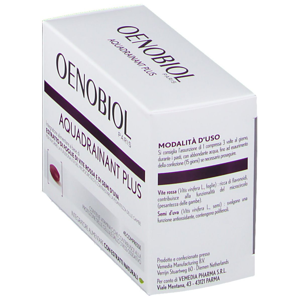 Scatola OENOBIOL Aquadrainant Plus. Confezione bianca con dettagli viola. Contiene 45 compresse. Vista obliqua.