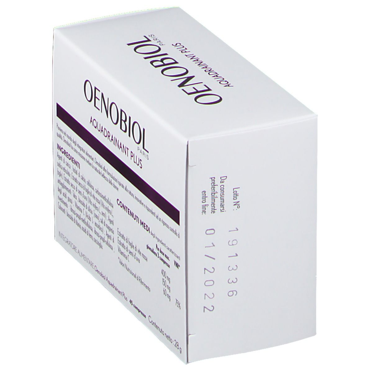 Scatola OENOBIOL Aquadrainant Plus. Confezione bianca con dettagli viola. Contiene 45 compresse. Retro con testo.