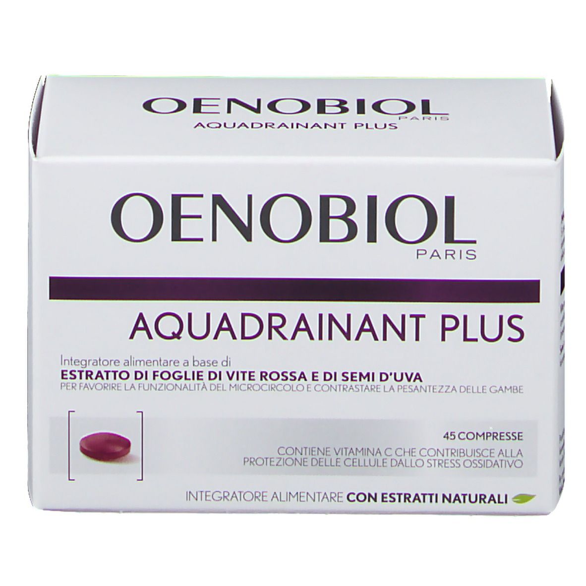 Scatola OENOBIOL Aquadrainant Plus. Confezione bianca con dettagli viola. Contiene 45 compresse. Vista del prodotto.