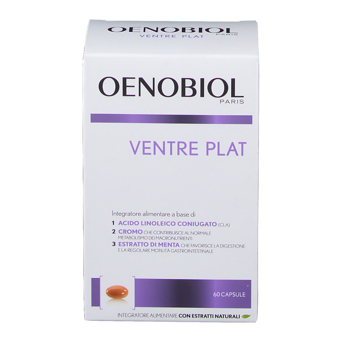 Scatola bianca con dettagli viola. Scritta OENOBIOL e VENTRE PLAT. 60 capsule. Capsula marrone illustrata.