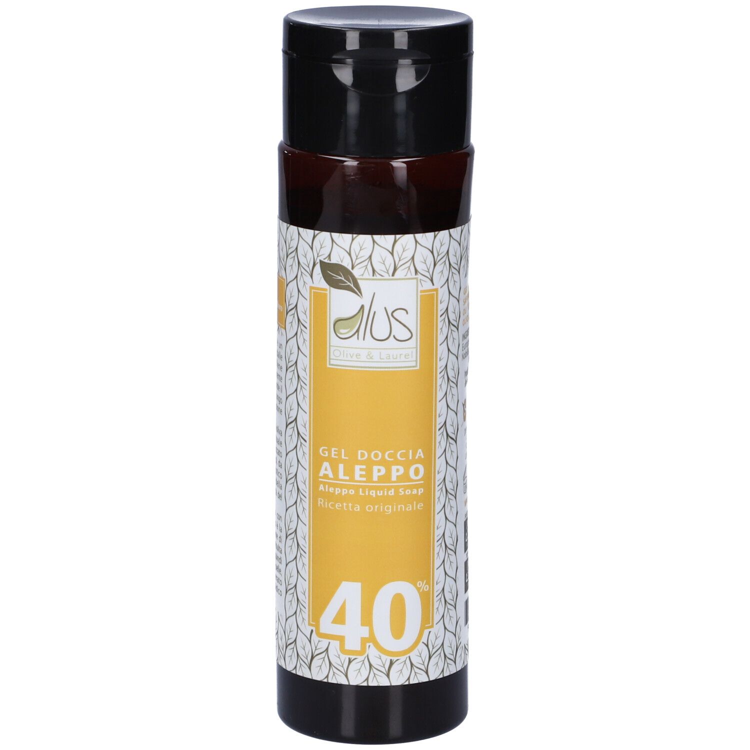 Liquido marrone in bottiglia con tappo nero. Scritta: Gel Doccia Aleppo, 40%.