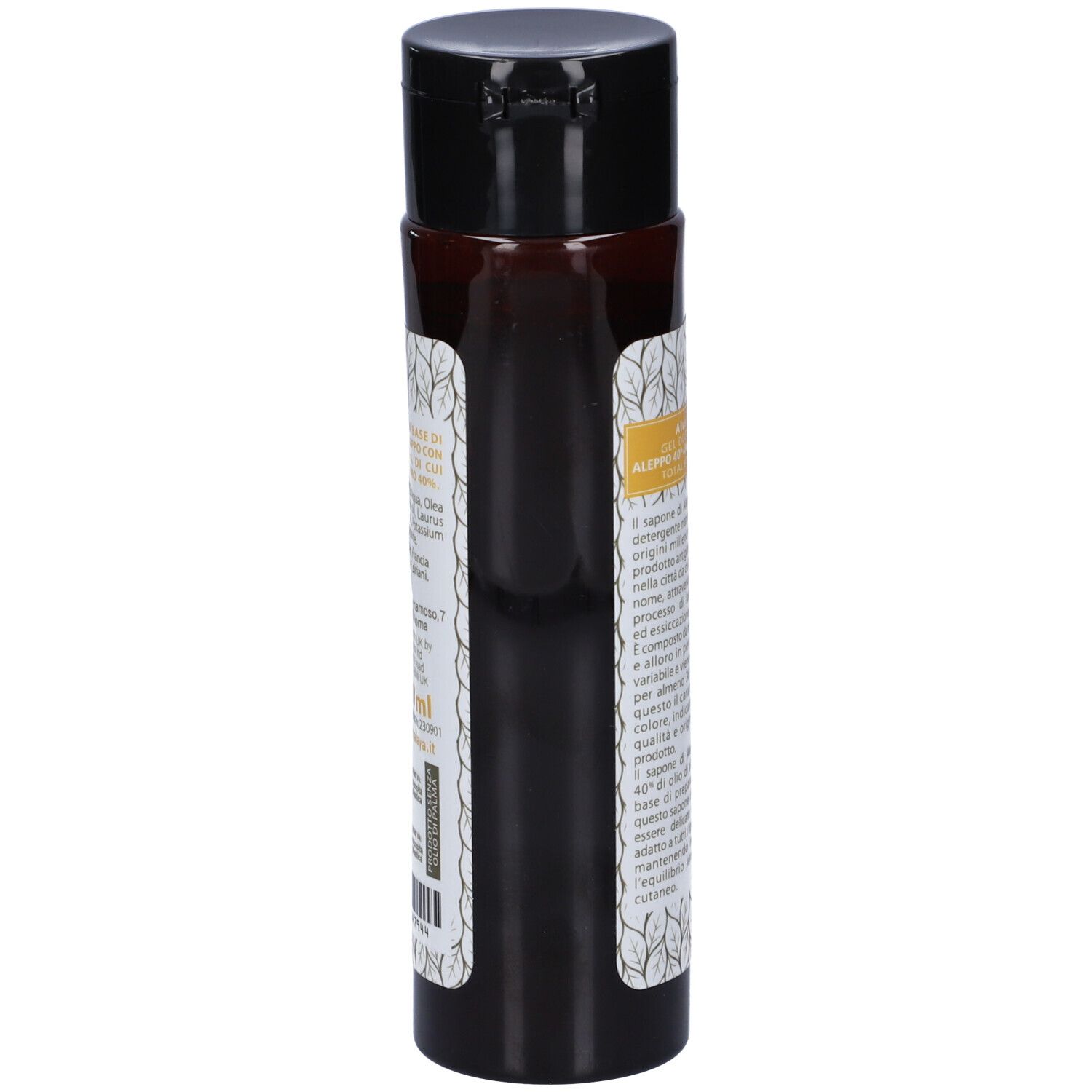 Bottiglia marrone con tappo nero. Testo sul retro.