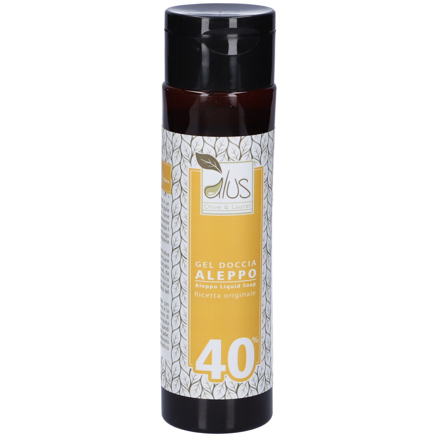 Liquido marrone in bottiglia con tappo nero. Scritta: Gel Doccia Aleppo, 40%.