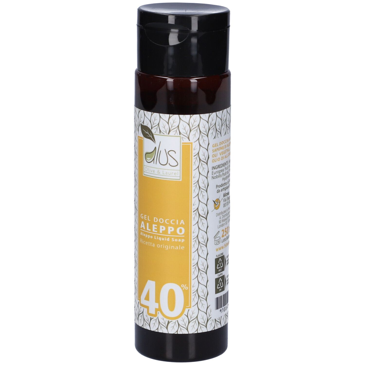 Liquido marrone in bottiglia con tappo nero. Scritta: Gel Doccia Aleppo, 40%.