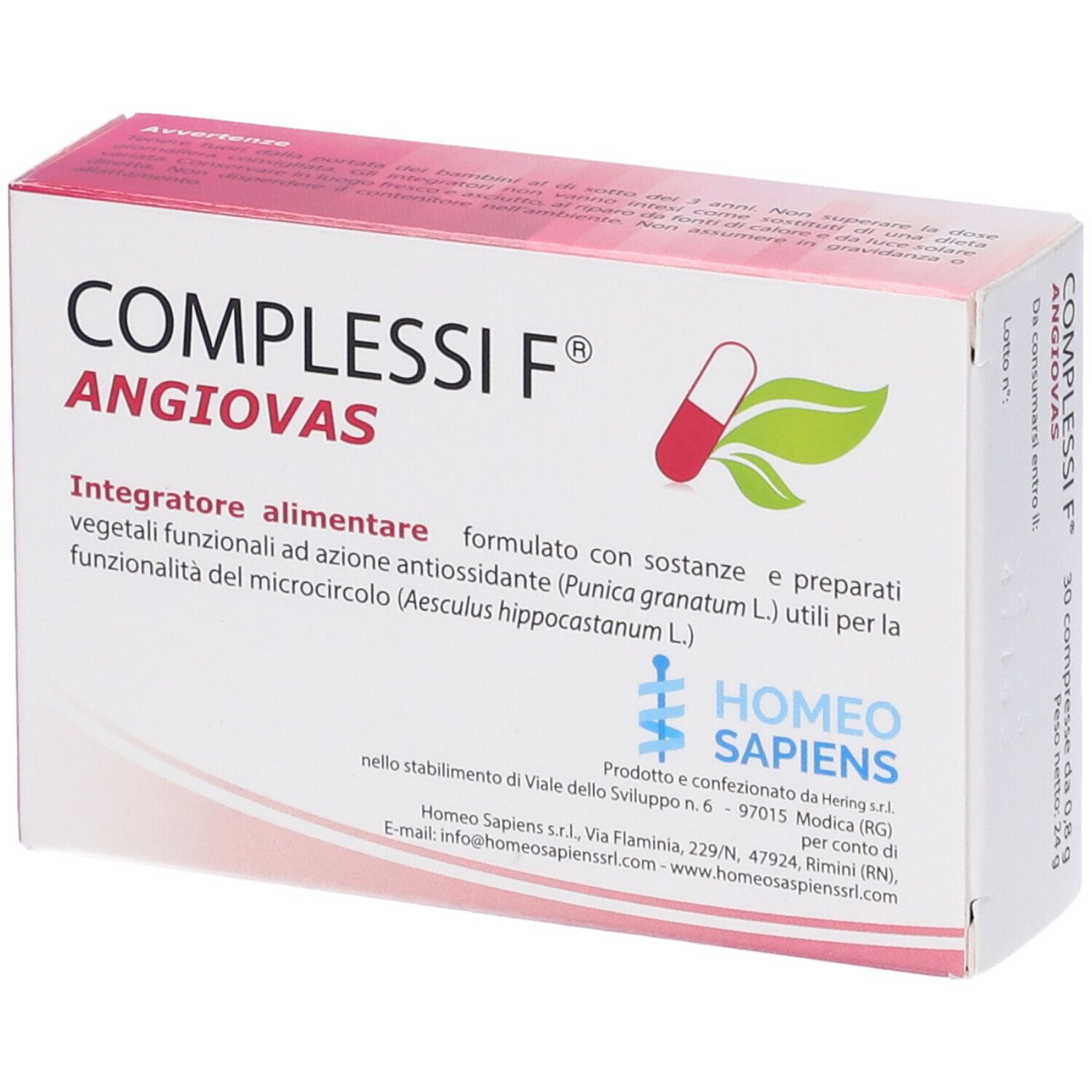 Confezione del prodotto rosa e bianca. Scritta: COMPLESSI F ANGIUVAS. Logo: capsula e foglia. Testo sugli ingredienti.