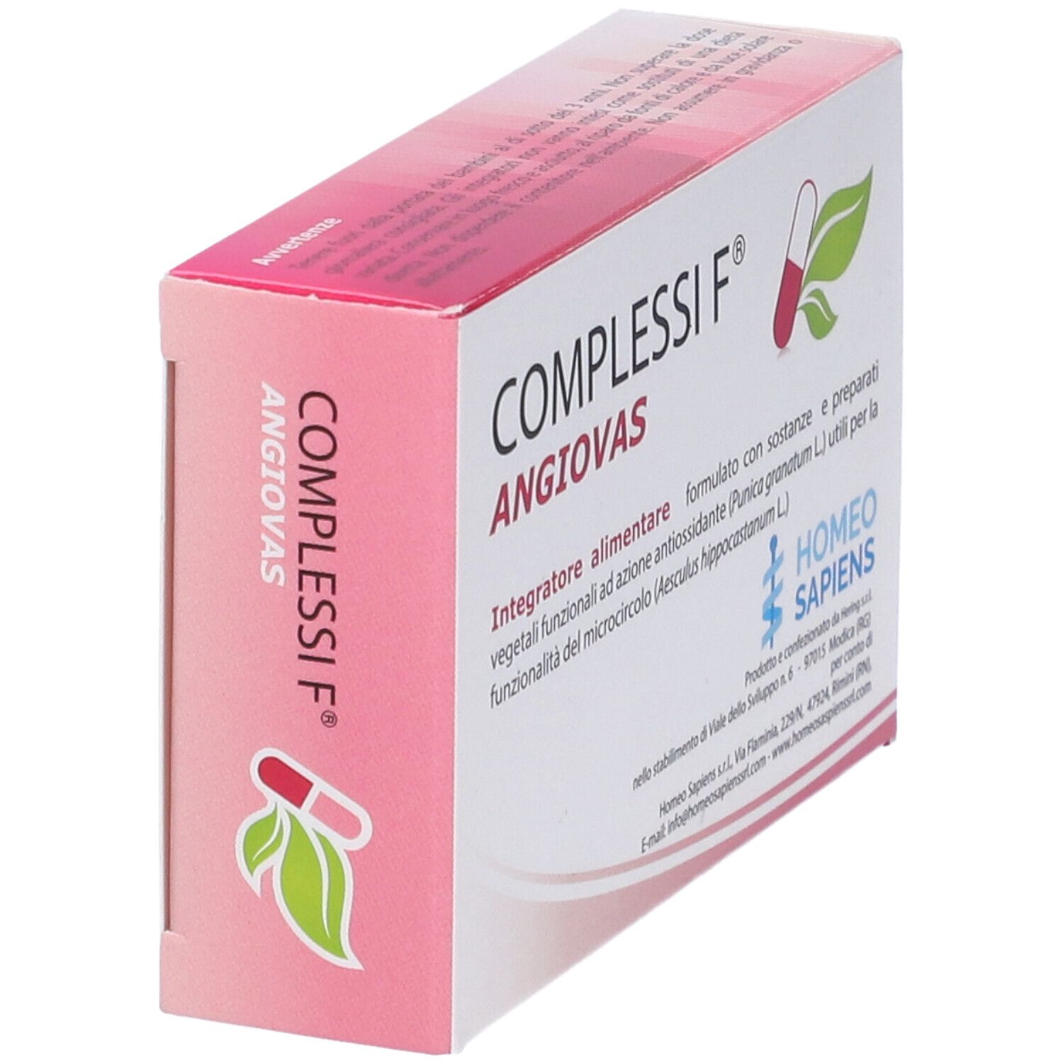 Confezione del prodotto in diagonale. Rosa e bianca. Scritta: COMPLESSI F ANGIUVAS. Logo: capsula e foglia. Testo ingredienti.