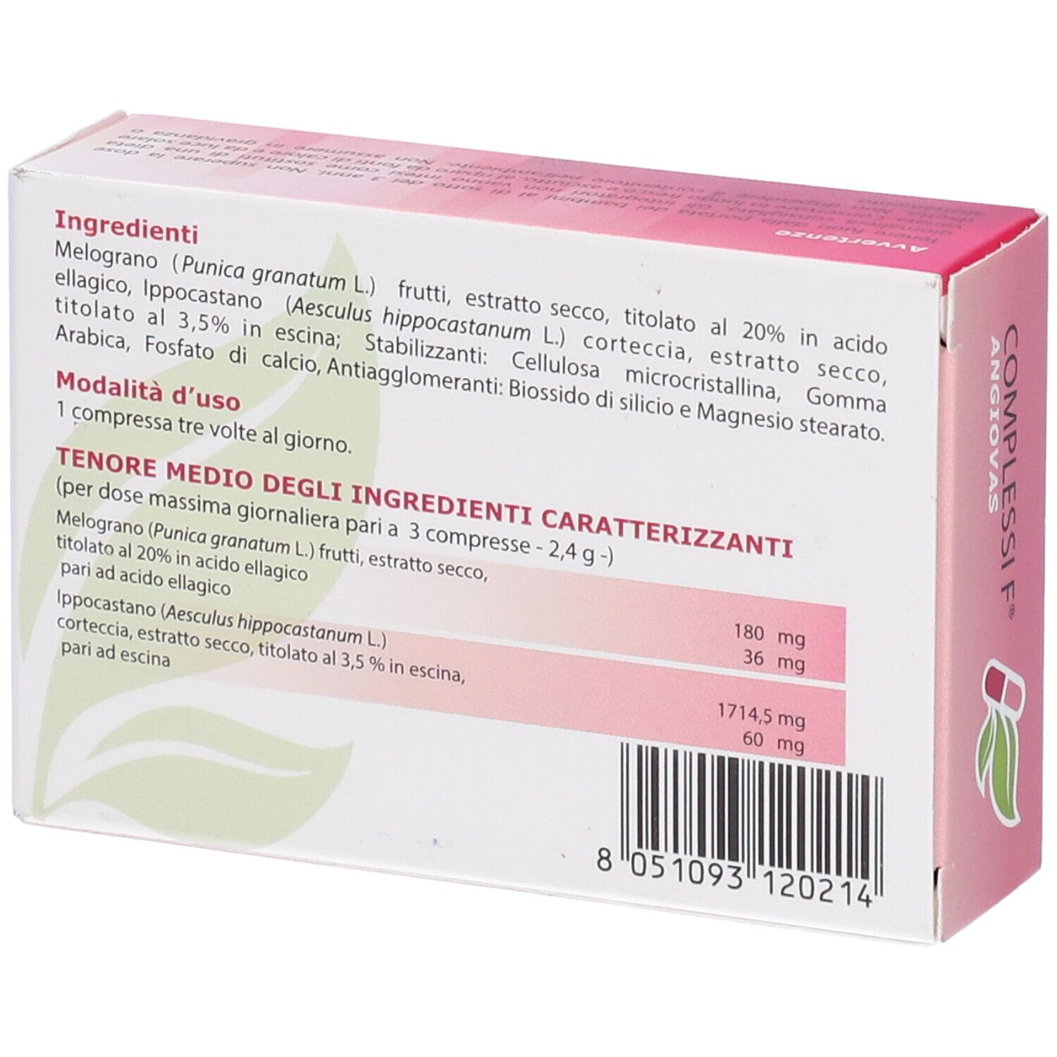 Retro della confezione. Rosa e bianco. Testo ingredienti e dosaggio. Codice a barre.
