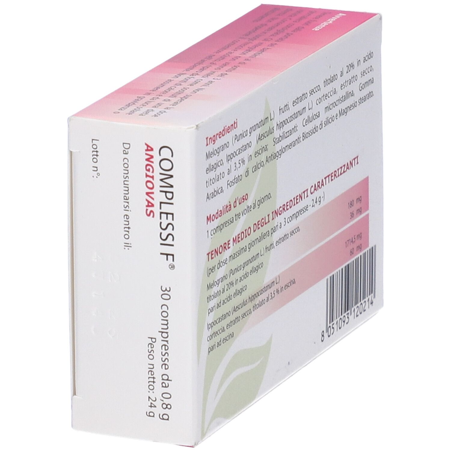 Confezione diagonale. Rosa e bianca. Testo ingredienti e dosaggio. Codice a barre. Peso: 24g.