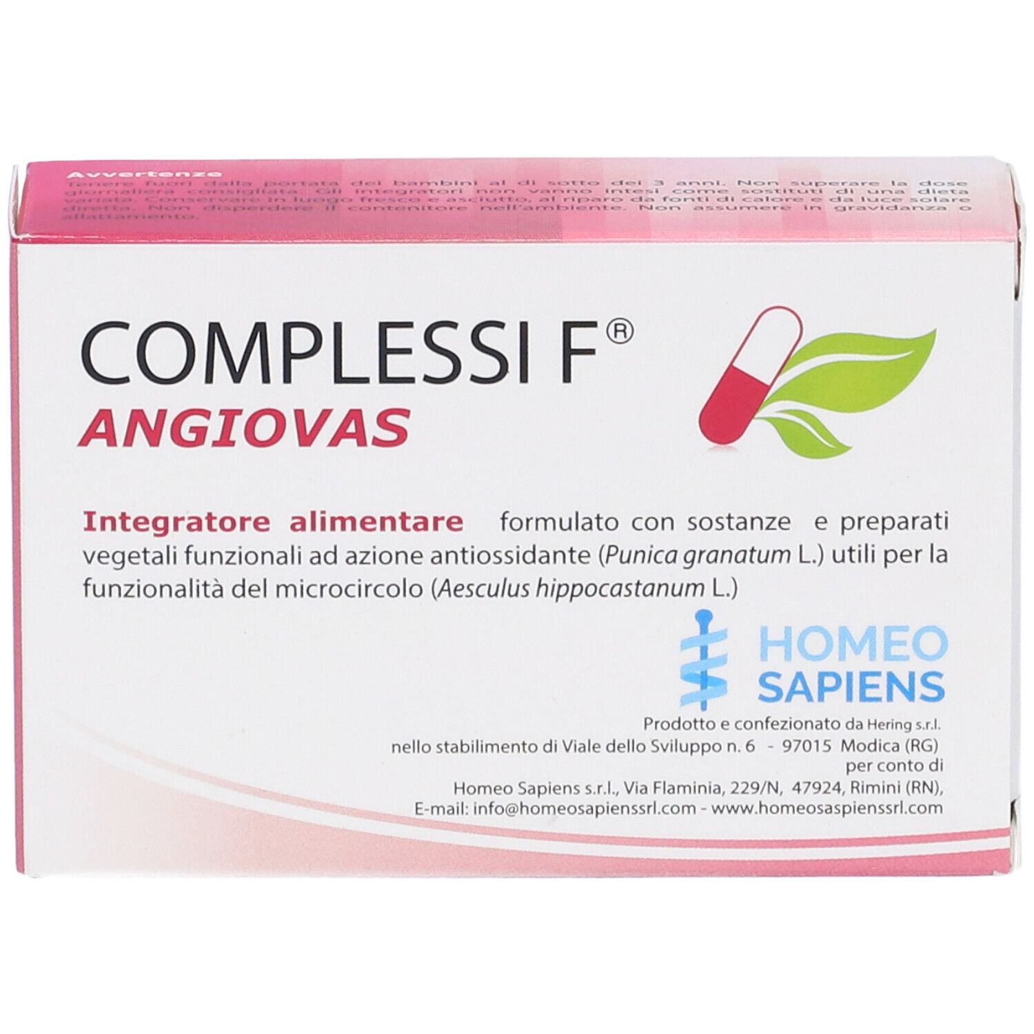 Confezione del prodotto. Rosa e bianca. Scritta: COMPLESSI F ANGIUVAS. Logo: capsula e foglia. Testo ingredienti.
