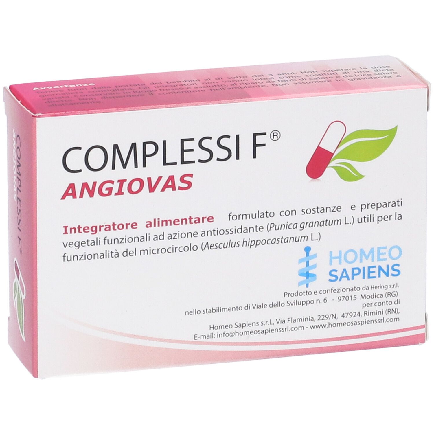 Confezione del prodotto. Rosa e bianca. Scritta: COMPLESSI F ANGIUVAS. Logo: capsula e foglia. Testo ingredienti.