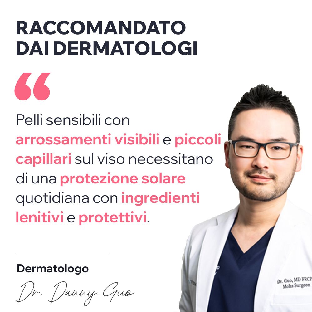 Medico con occhiali. Testo: Raccomandato dai dermatologi. Le pelli sensibili con rossori necessitano protezione solare.