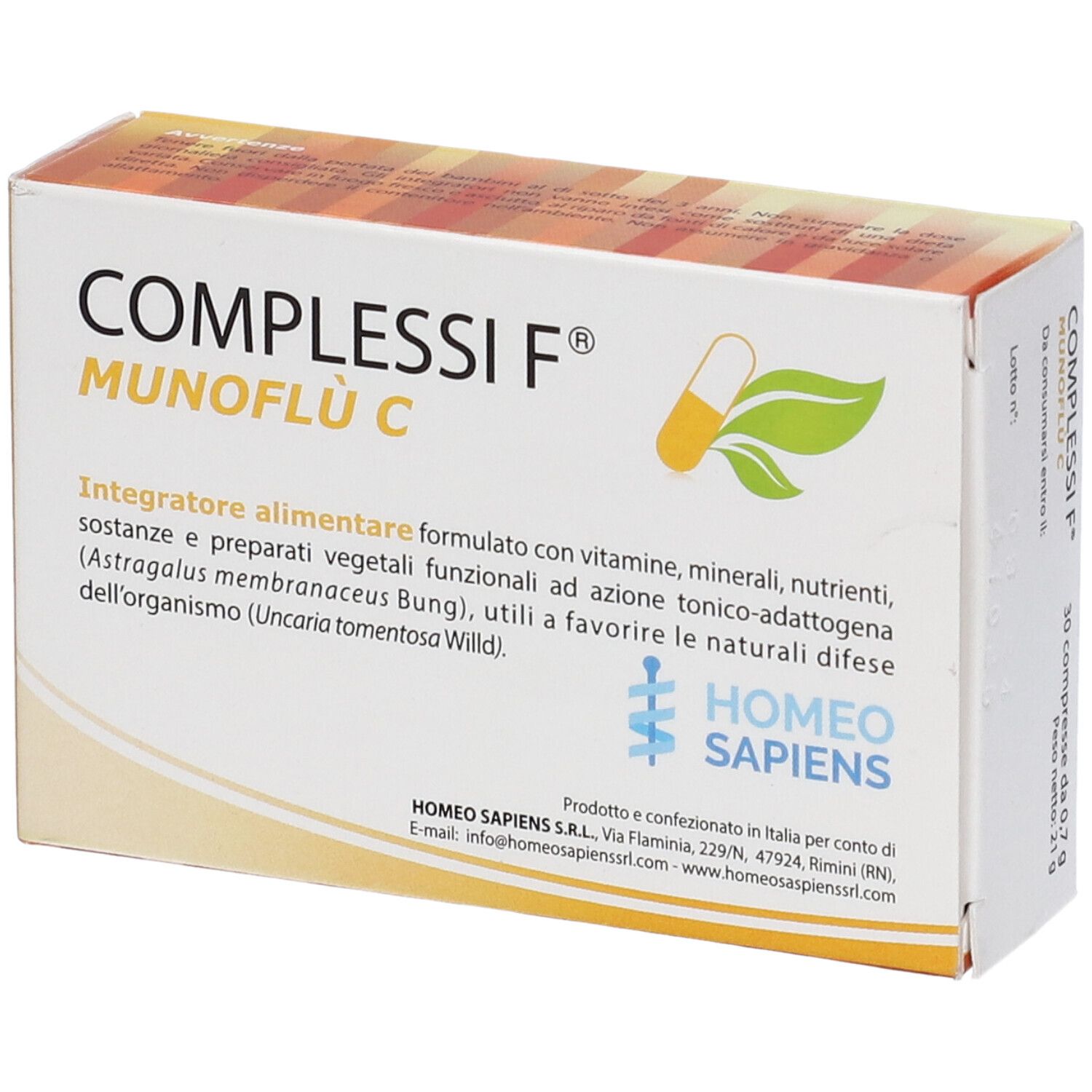 Confezione del prodotto con testo. Scritta: COMPLESSI F MUNOFLU' C. Logo: Homeo Sapiens. Contiene 30 compresse.