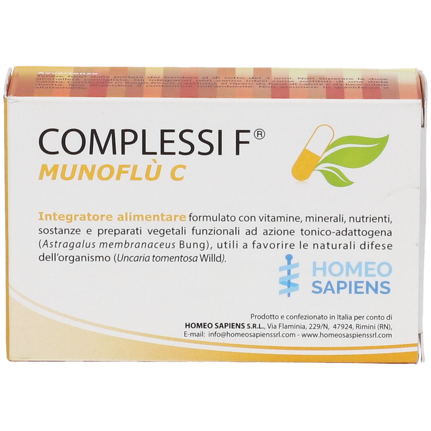 Confezione del prodotto con testo. Scritta: COMPLESSI F MUNOFLU' C. Logo: Homeo Sapiens. Design giallo e bianco.