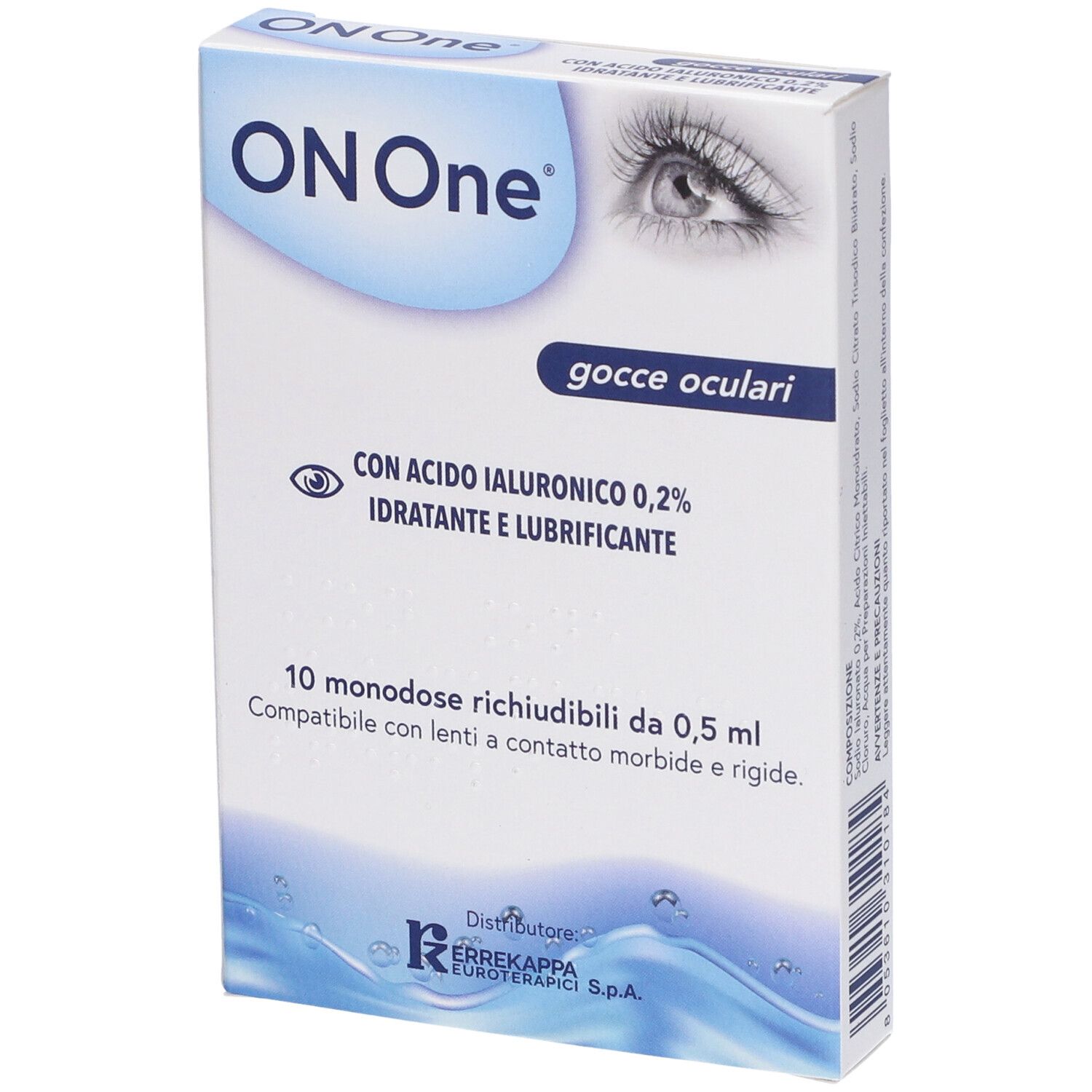 Confezione di gocce oculari ON One. 10 monodose. Con acido ialuronico 0,2%. Per lenti a contatto morbide e rigide.