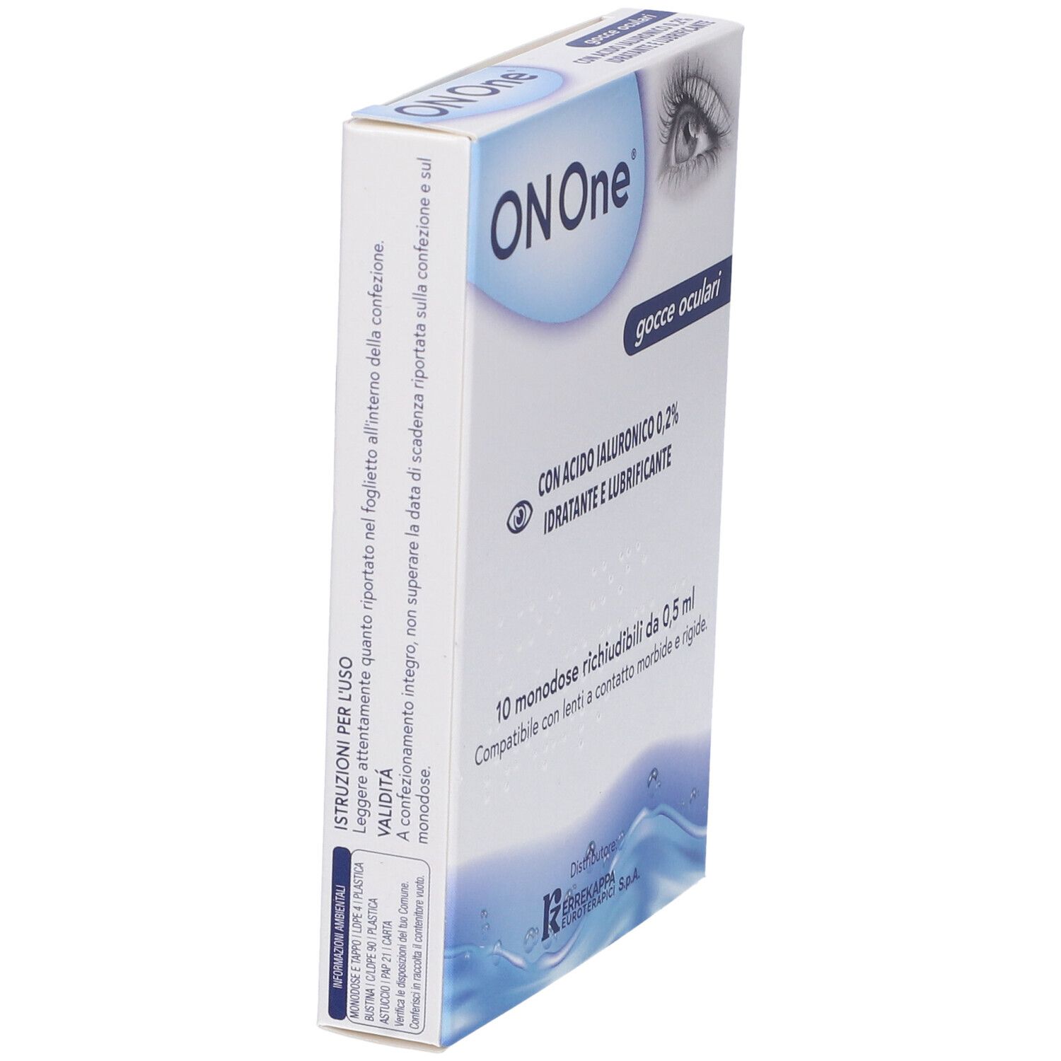 Confezione di gocce oculari ON One. 10 monodose. Con acido ialuronico 0,2%. Per lenti a contatto morbide e rigide.