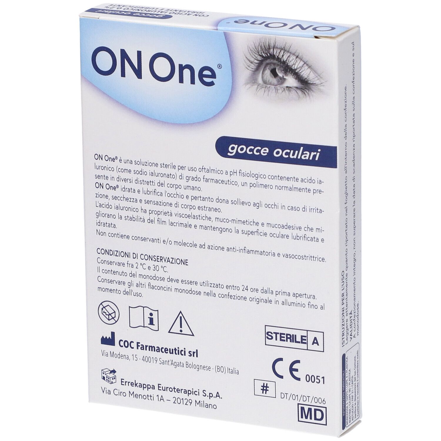 Retro della confezione di gocce oculari ON One. Ingredienti, istruzioni per l'uso e informazioni del produttore.