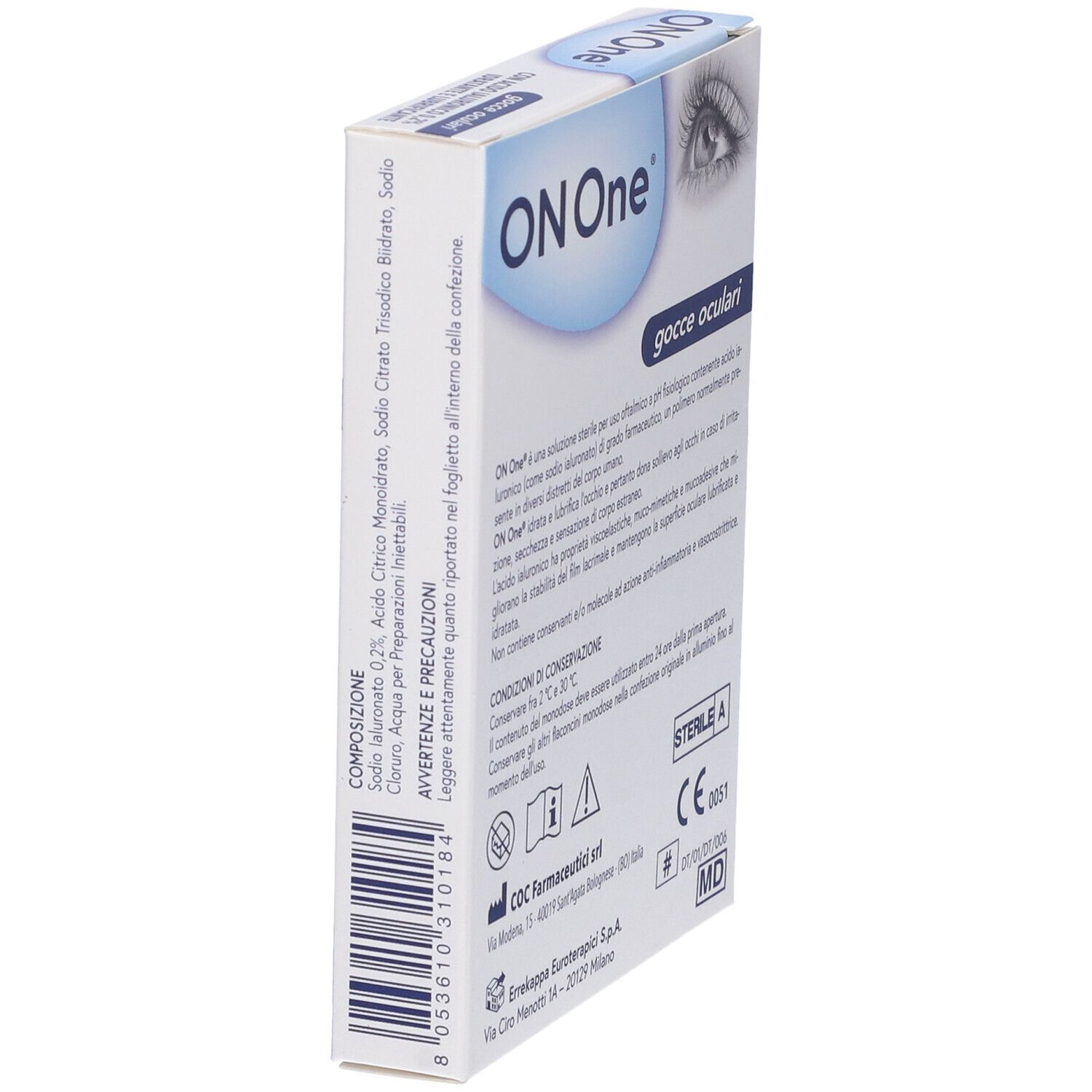 Lato della confezione di gocce oculari ON One. Ingredienti e avvertenze. Codice a barre.