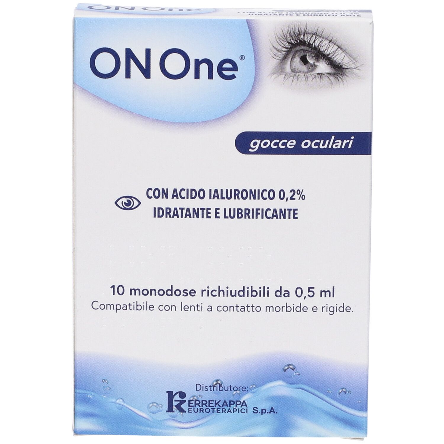 Confezione di gocce oculari ON One. 10 monodose. Con acido ialuronico 0,2%. Per lenti a contatto morbide e rigide.