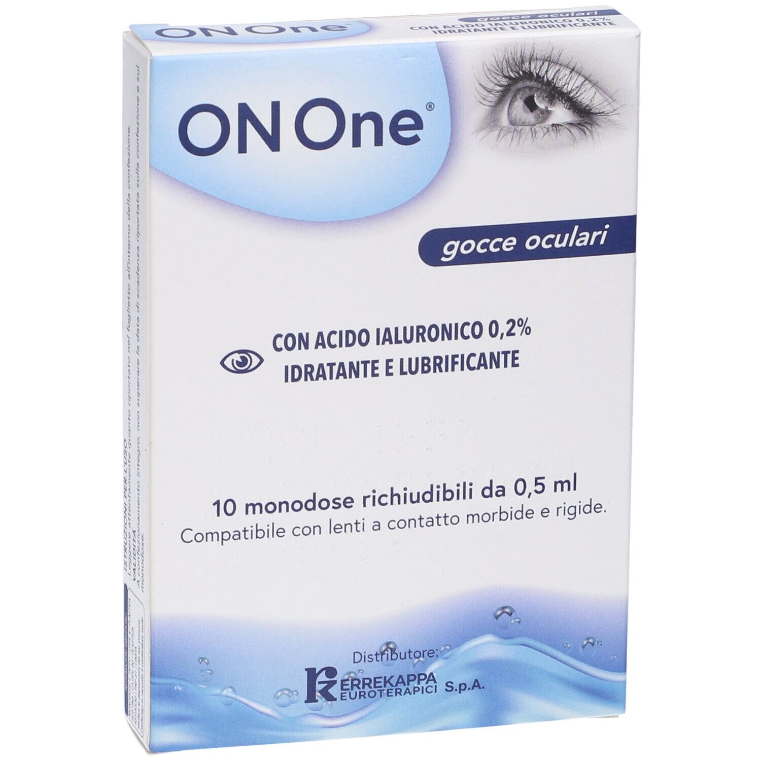 Confezione di gocce oculari ON One. 10 monodose. Con acido ialuronico 0,2%. Per lenti a contatto morbide e rigide.