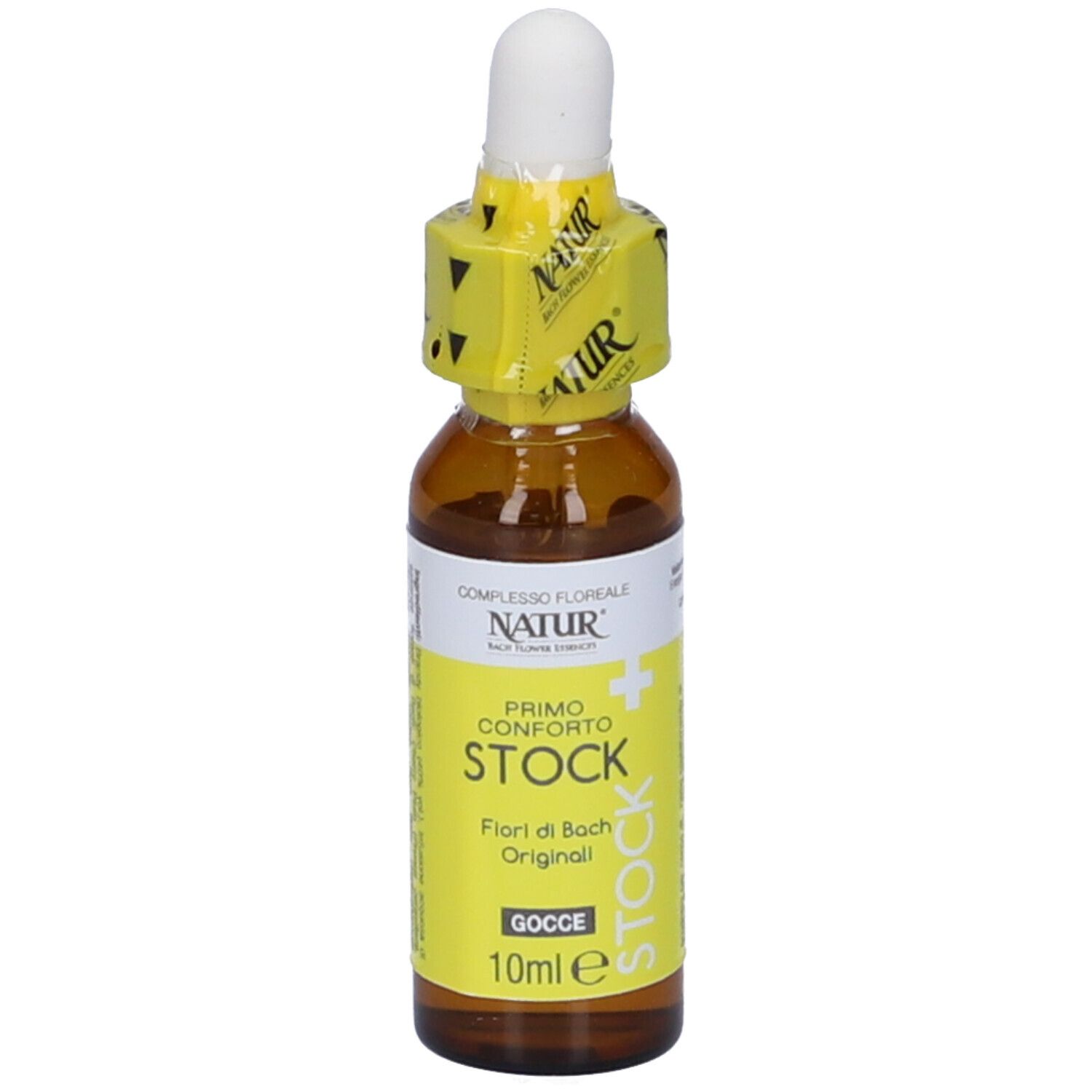 Flacone di vetro marrone con contagocce e sigillo giallo. Scritta: Primo Conforto Stock, 10 ml.