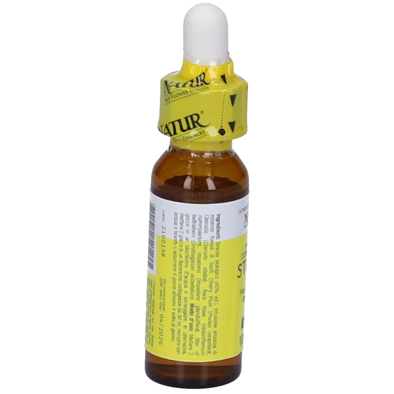 Flacone di vetro marrone con contagocce e sigillo giallo. Scritta: Primo Conforto Stock, 10 ml.