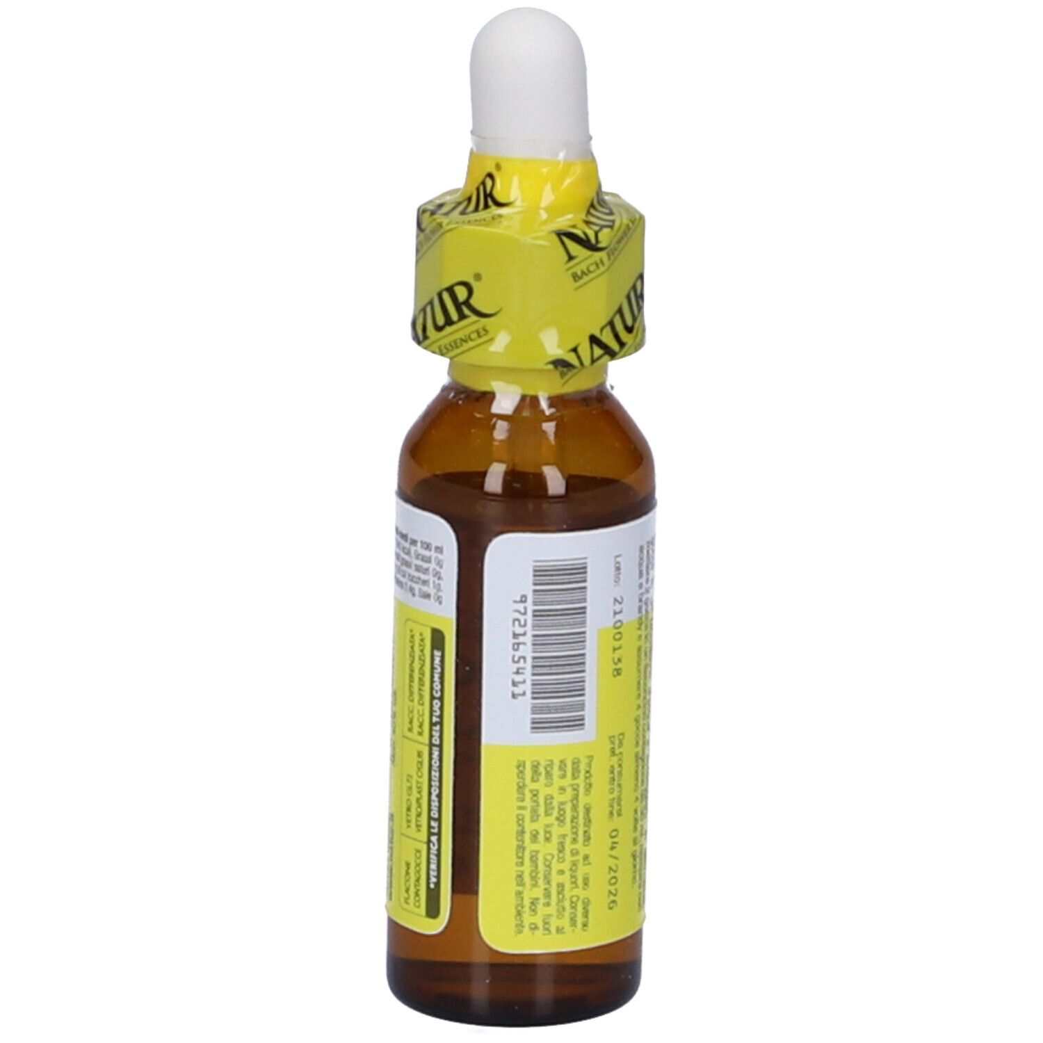 Flacone di vetro marrone con contagocce e sigillo giallo. Scritta: Primo Conforto Stock, 10 ml.