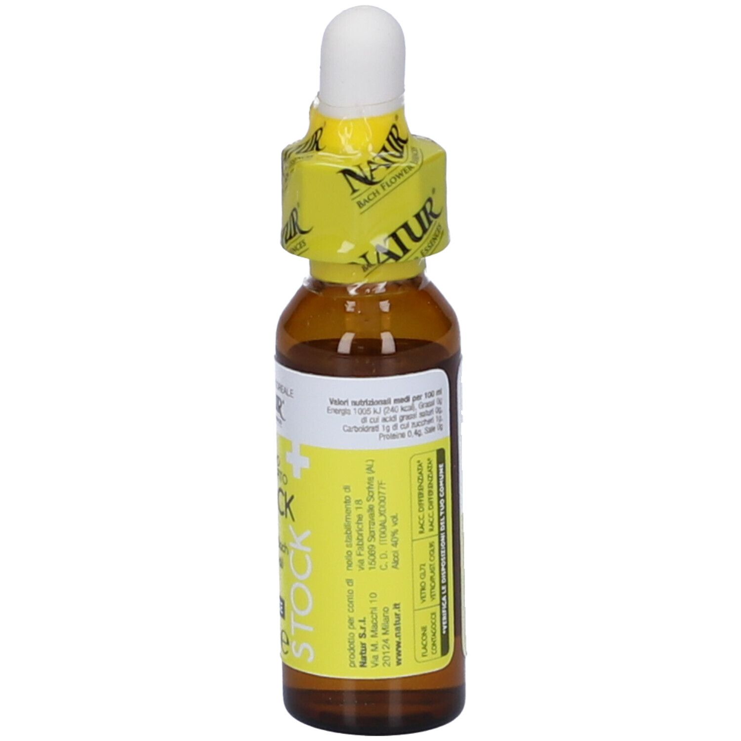 Flacone di vetro marrone con contagocce e sigillo giallo. Scritta: Primo Conforto Stock, 10 ml.