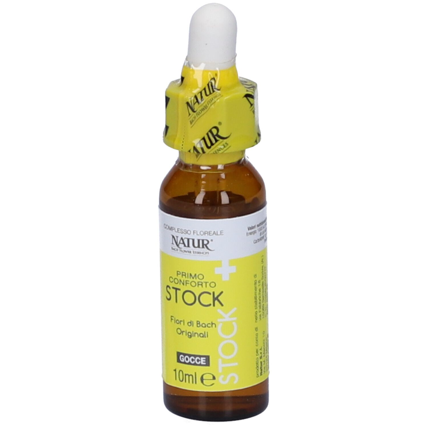 Flacone di vetro marrone con contagocce e sigillo giallo. Scritta: Primo Conforto Stock, 10 ml.