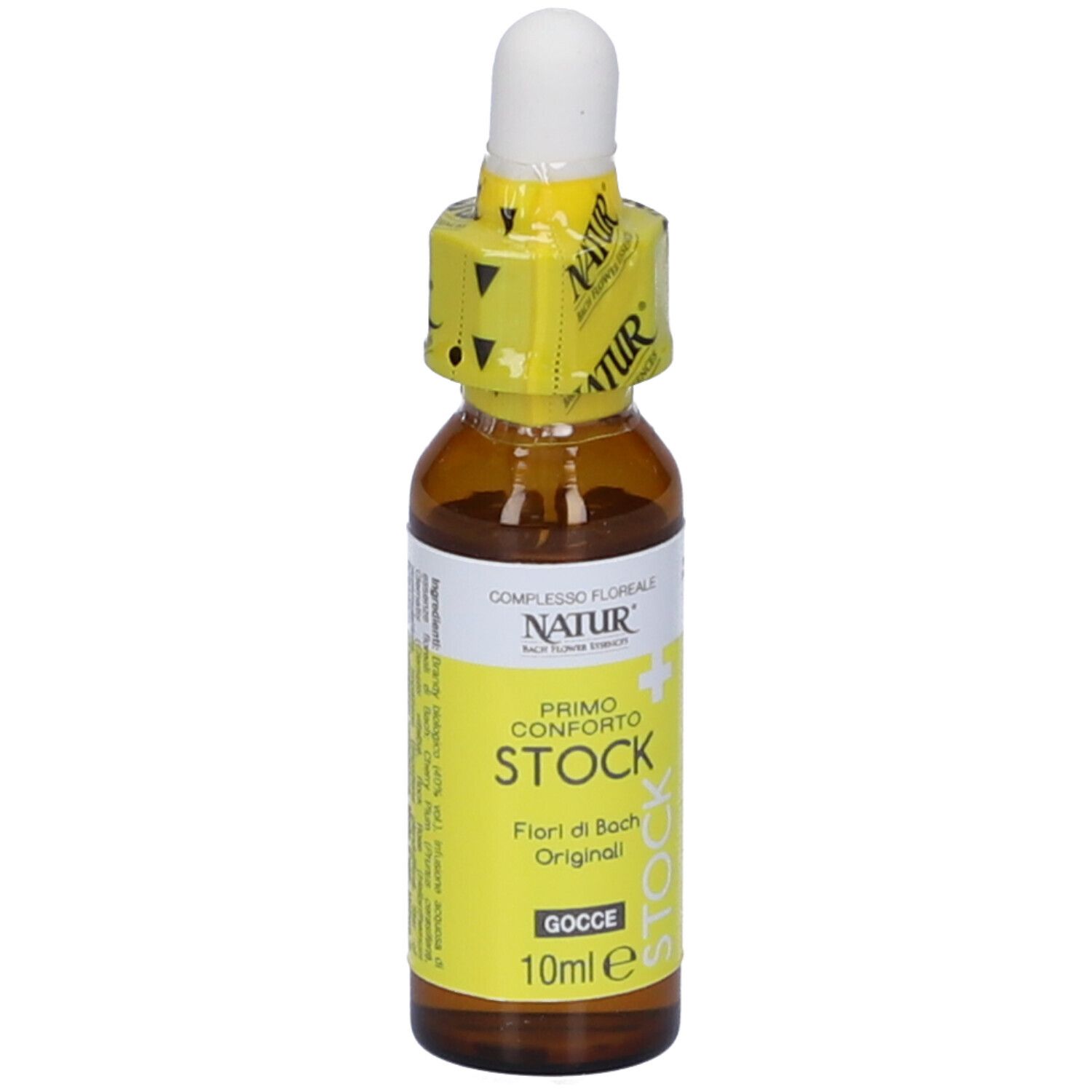 Flacone di vetro marrone con contagocce e sigillo giallo. Scritta: Primo Conforto Stock, 10 ml.