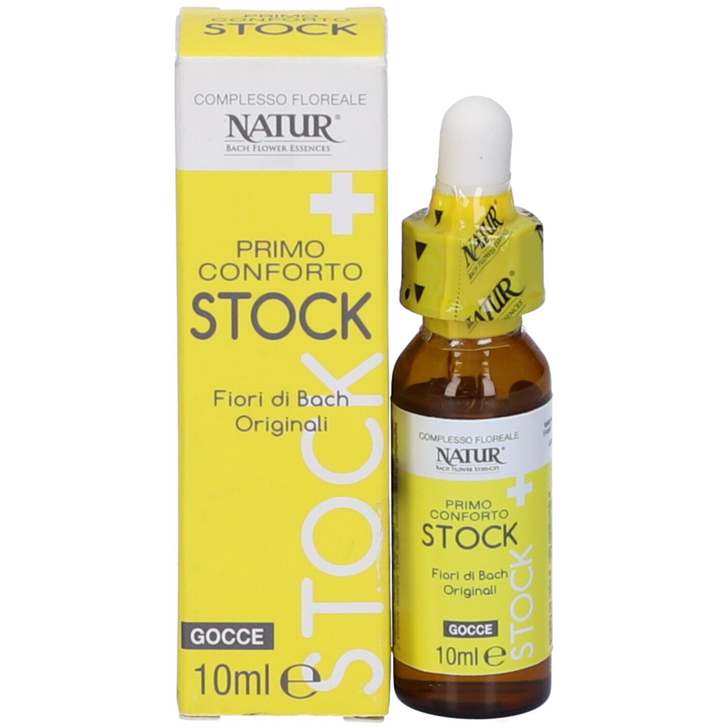 Flacone di vetro marrone e confezione gialla. Scritta: Primo Conforto Stock, 10 ml.