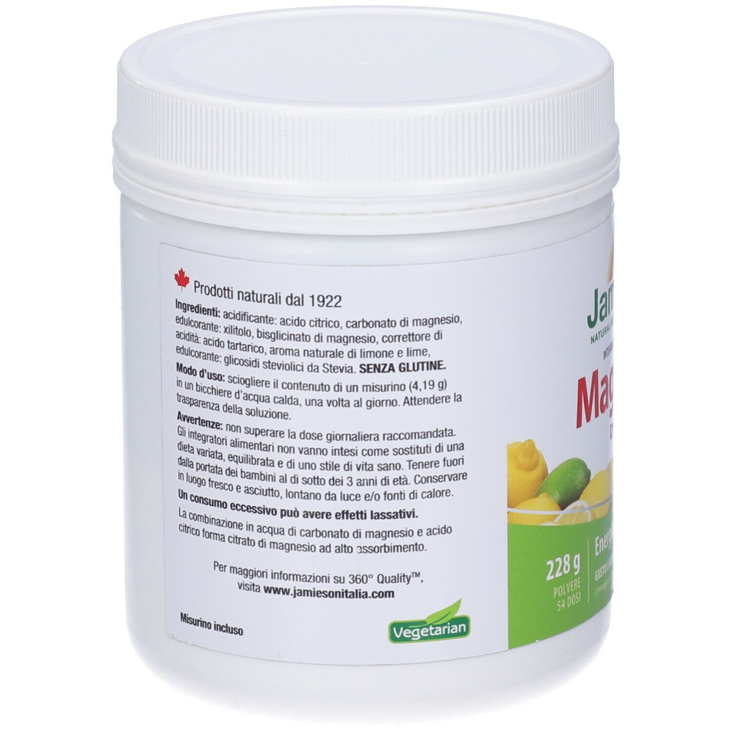 Retro del barattolo bianco. Elenco ingredienti, istruzioni per l'uso. Logo "Vegetariano". Logo "Jamieson".