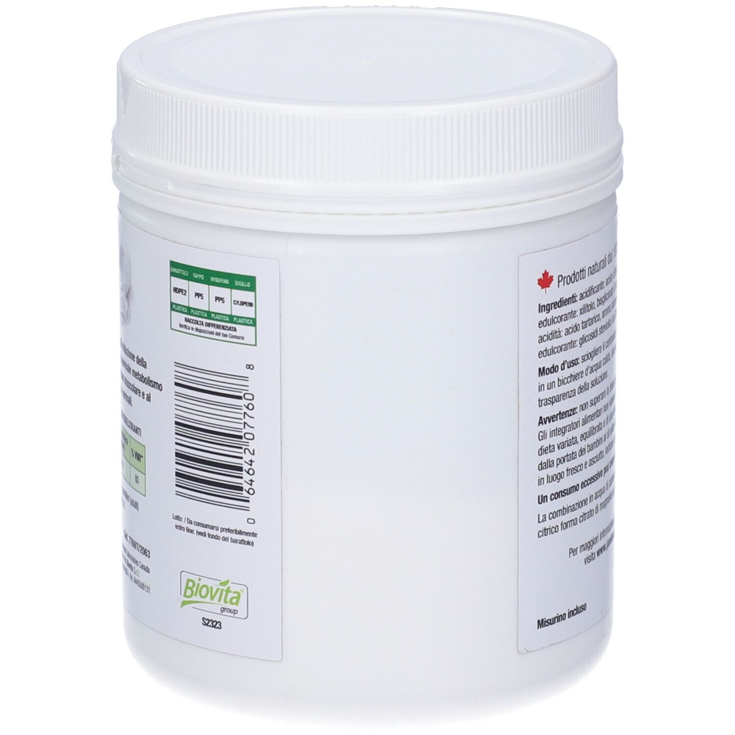 Barattolo bianco, vista laterale. Codice a barre, logo "Biovita". Elenco ingredienti. Logo "Jamieson".