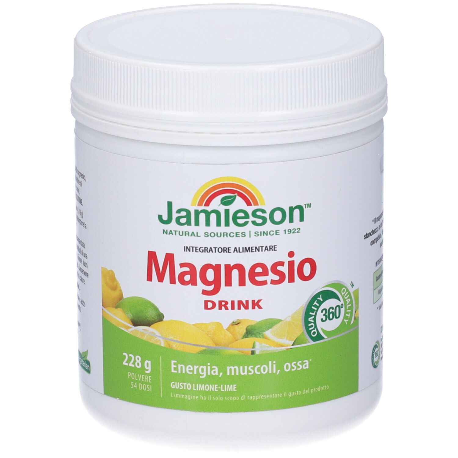 Barattolo bianco con etichetta rossa "Magnesio Drink". 228g, gusto lime-limone. Logo "Jamieson".