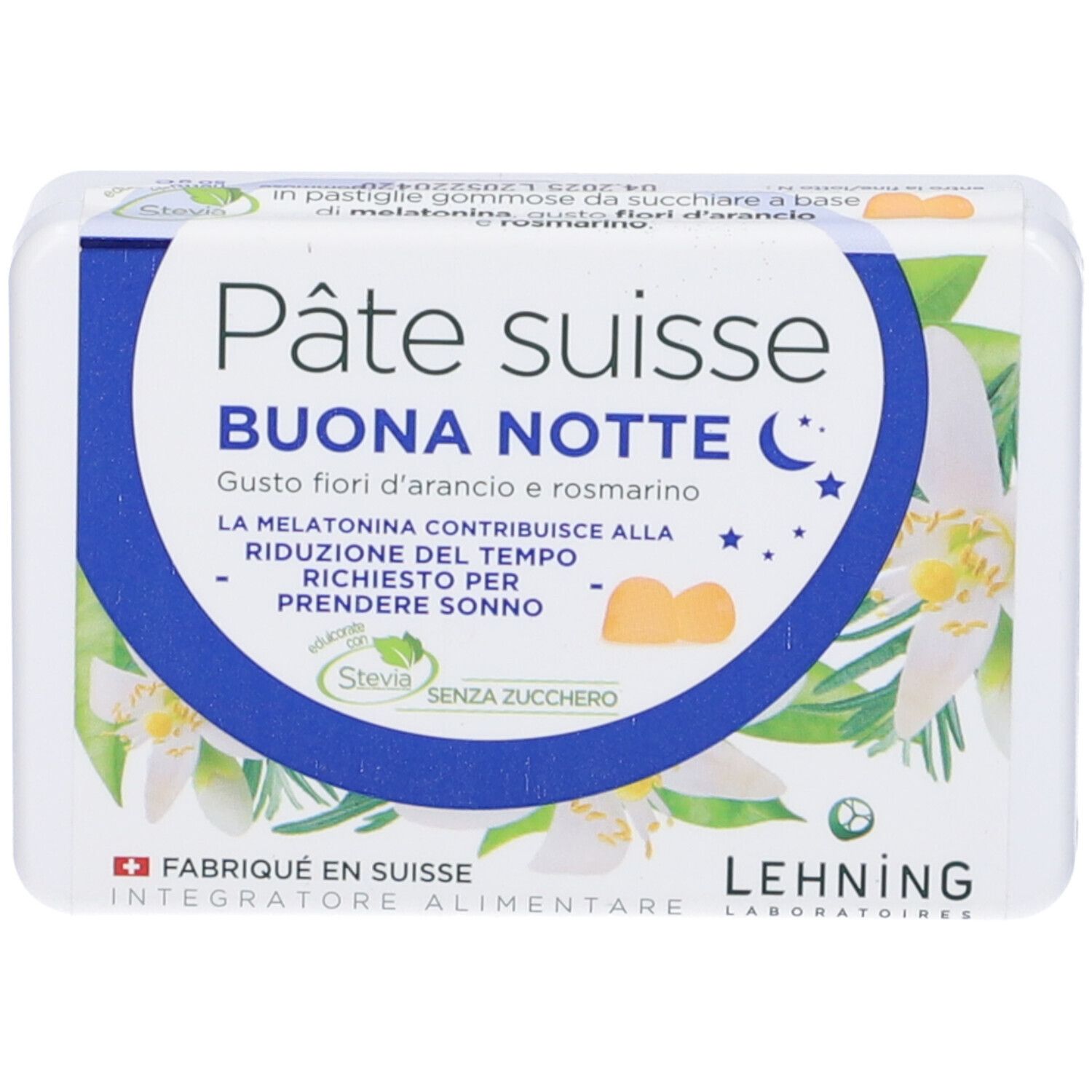 Scatola bianca con scritta Pâte Suisse Buona Notte. Elementi blu e verdi, testo italiano. Logo Stevia. Informazioni e ingredienti.