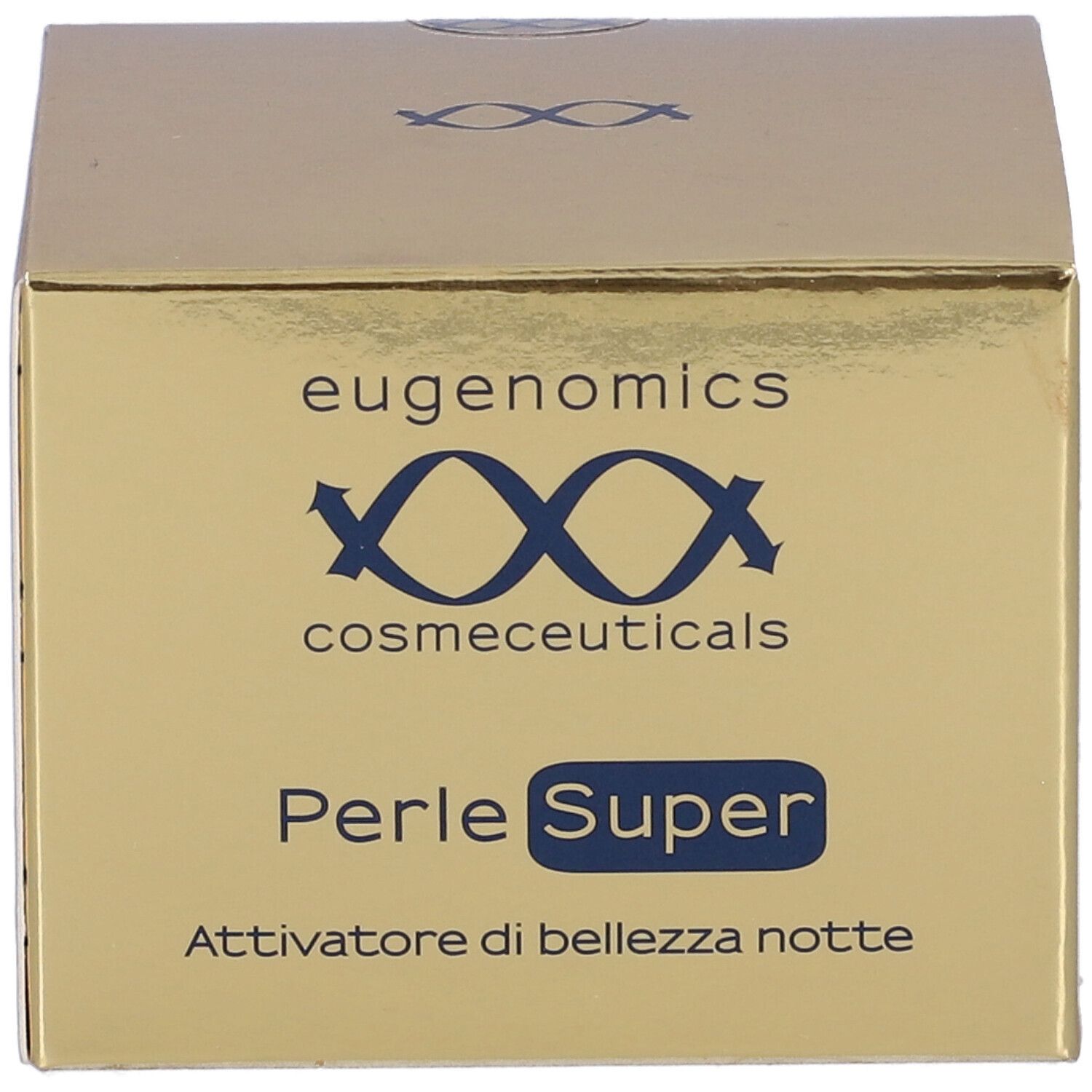 Scatola dorata con logo e nome del prodotto. Scritto: Perle Super, Activatore di bellezza notte.