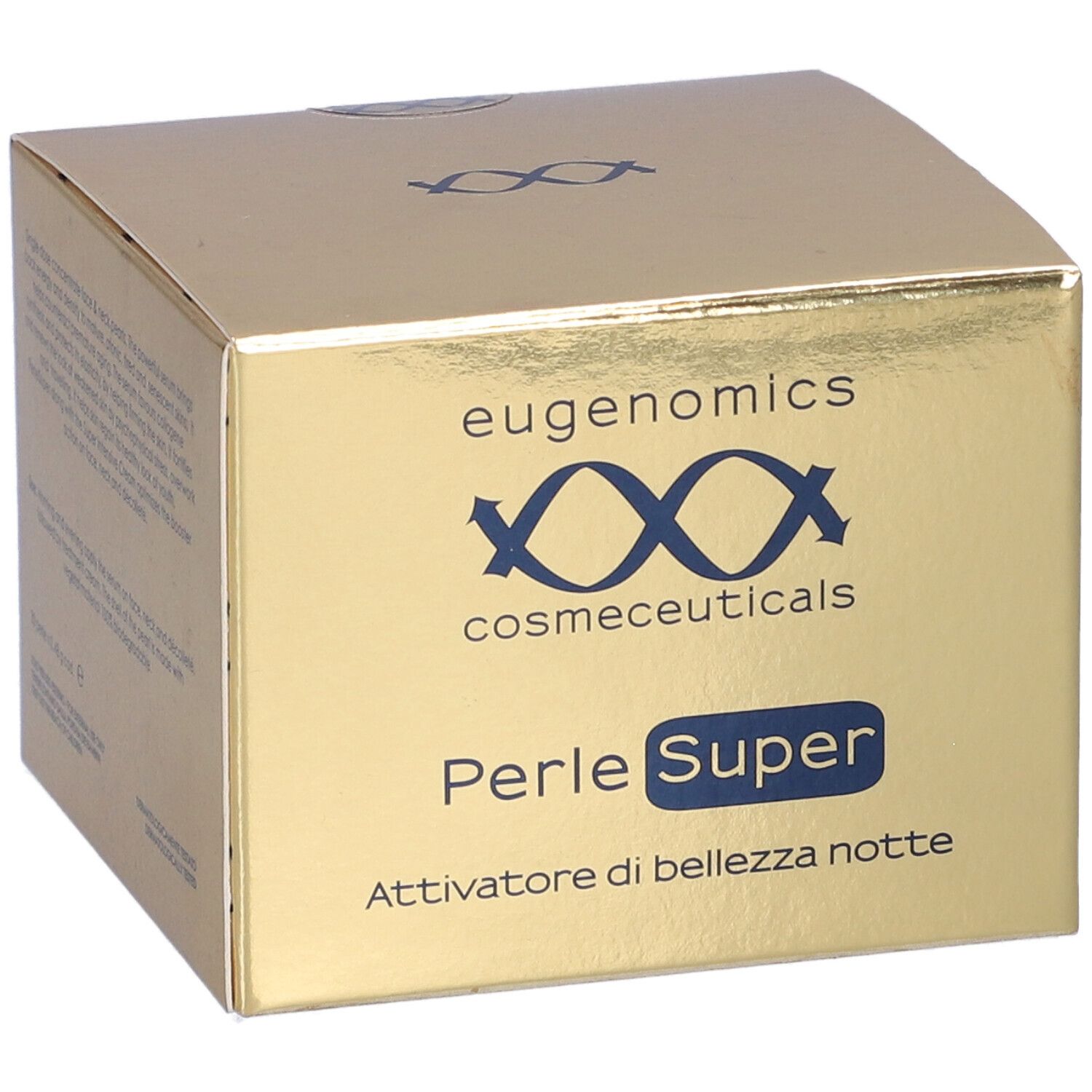 Scatola dorata con logo e nome del prodotto. Scritto: Perle Super, Activatore di bellezza notte.